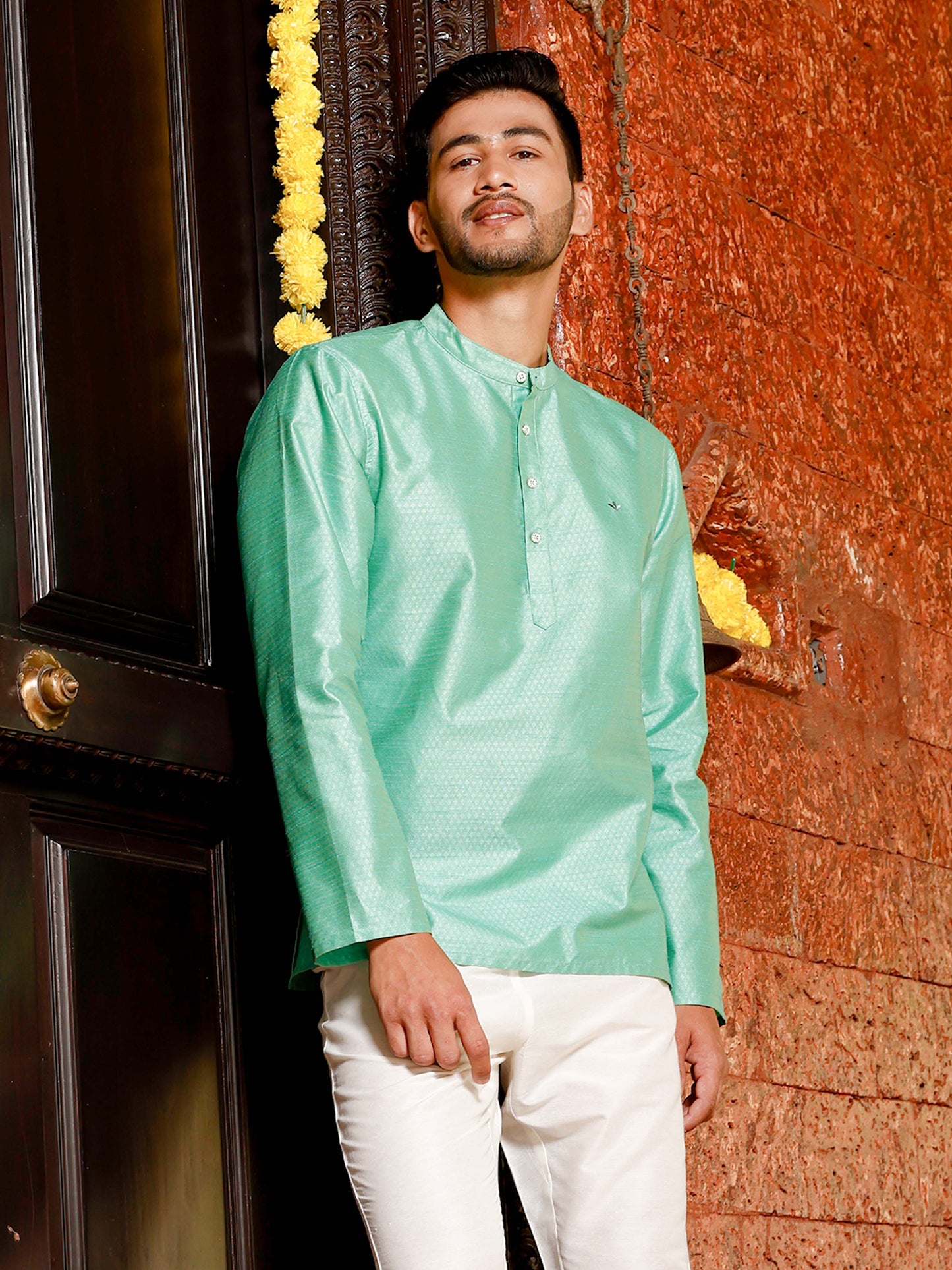 Parrot Green Banarasi Dobby Short Kurta