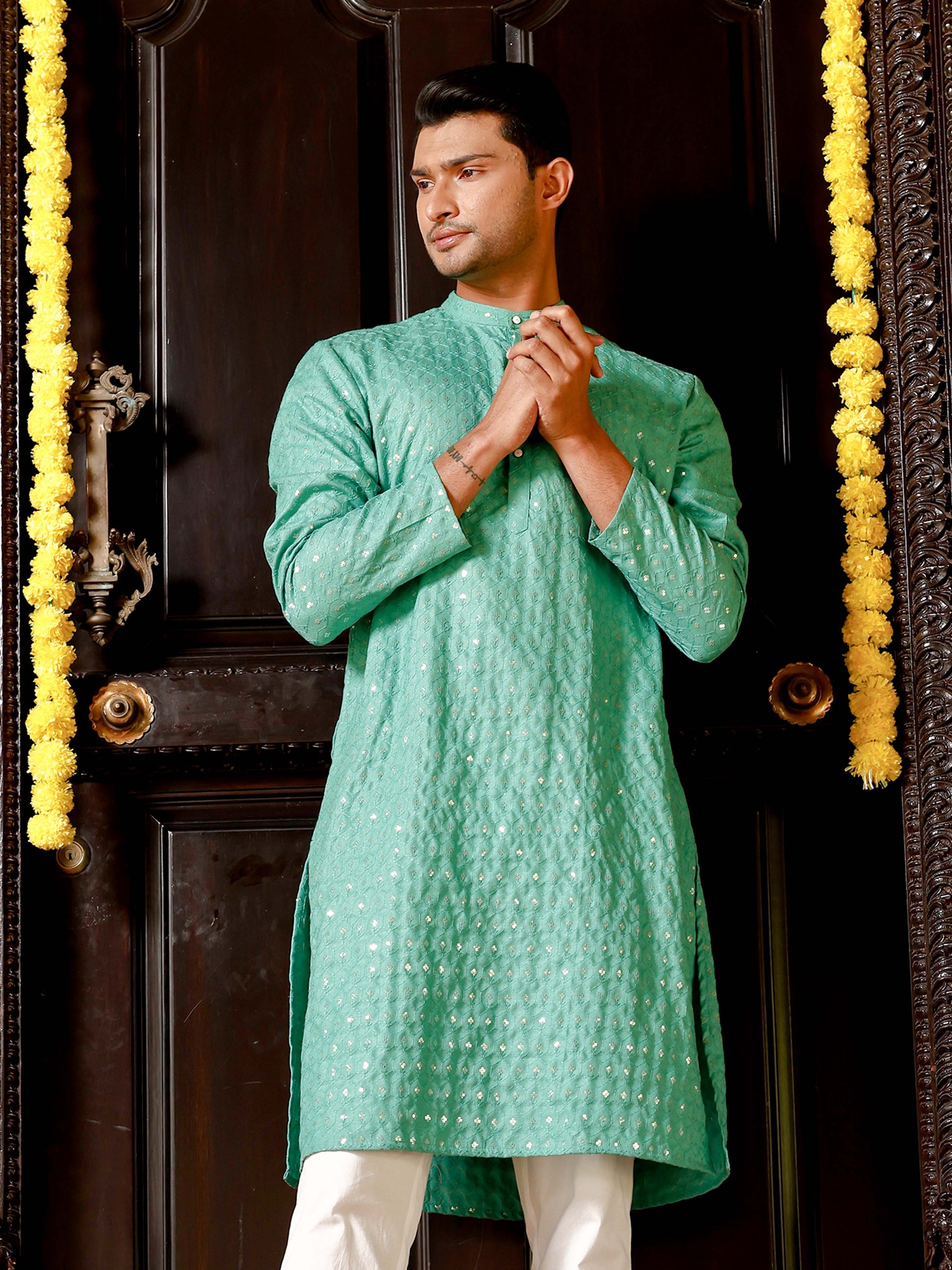 Green Sequence Embroidery Knee Length Kurta for Men