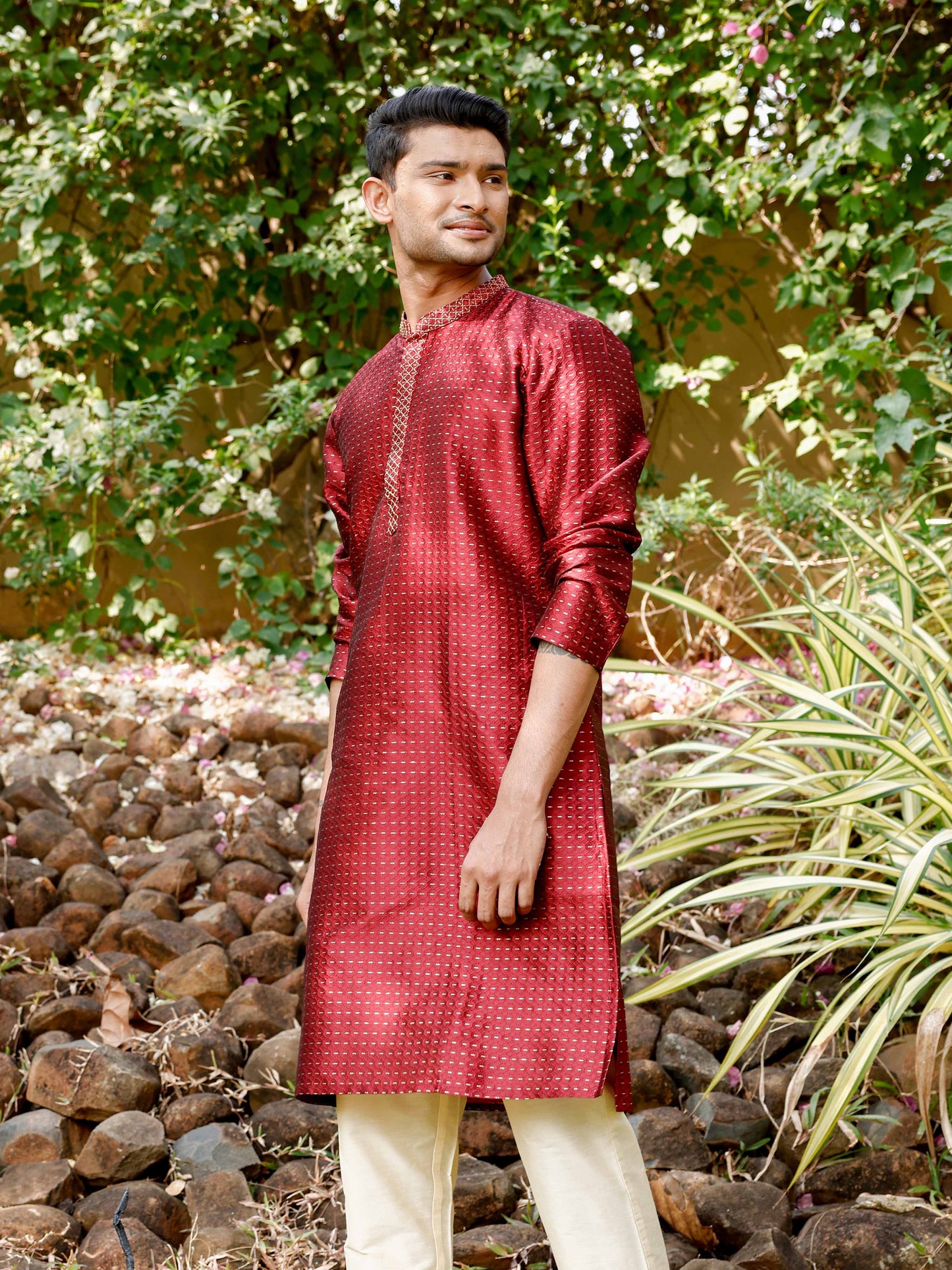 Maroon with Gold Embroidered Long Kurta