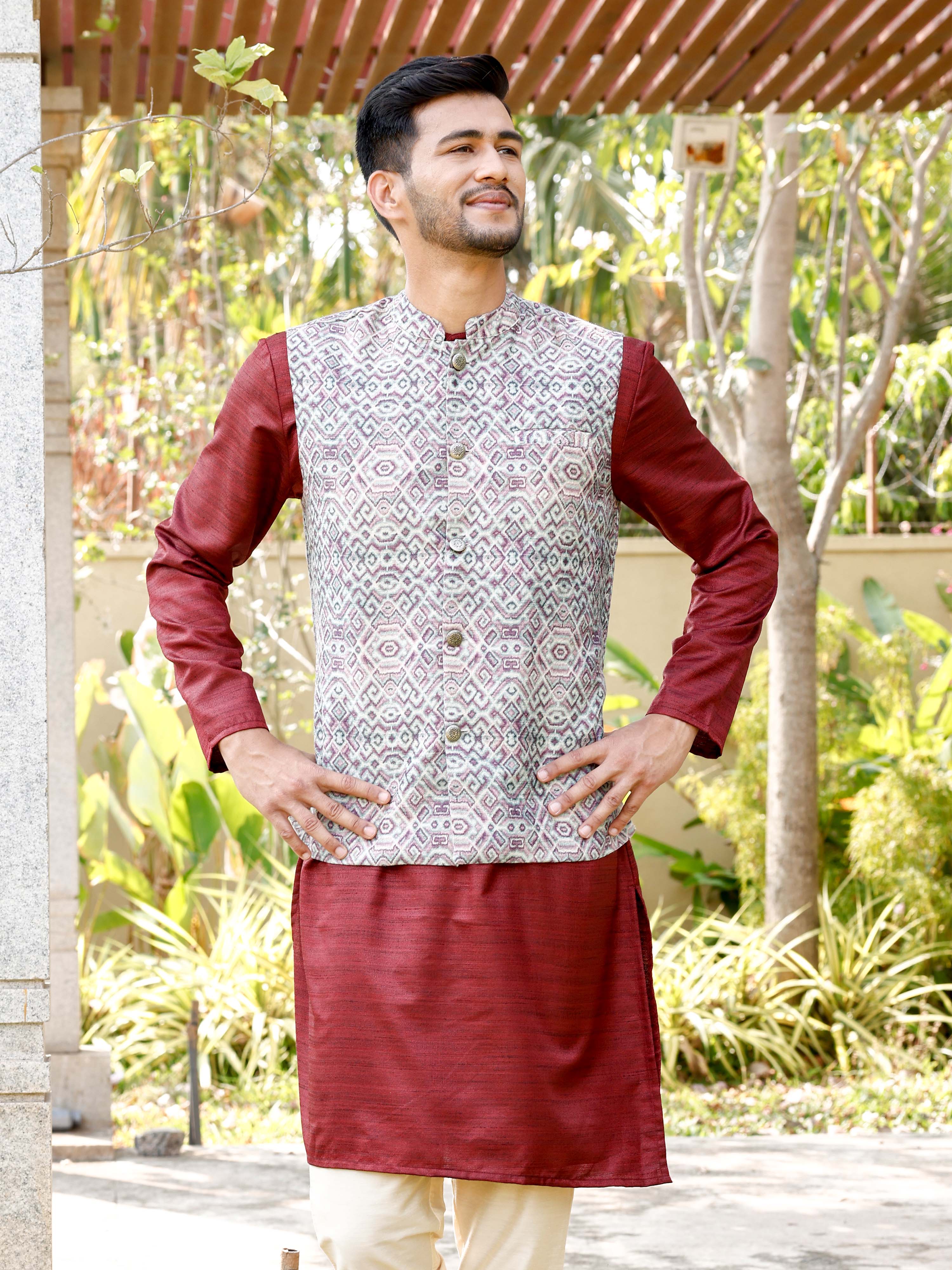 Purple and Beige Banarasi Nehru Jacket