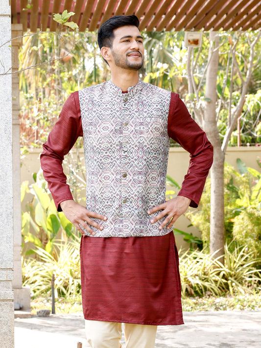 Purple and Beige Banarasi Nehru Jacket