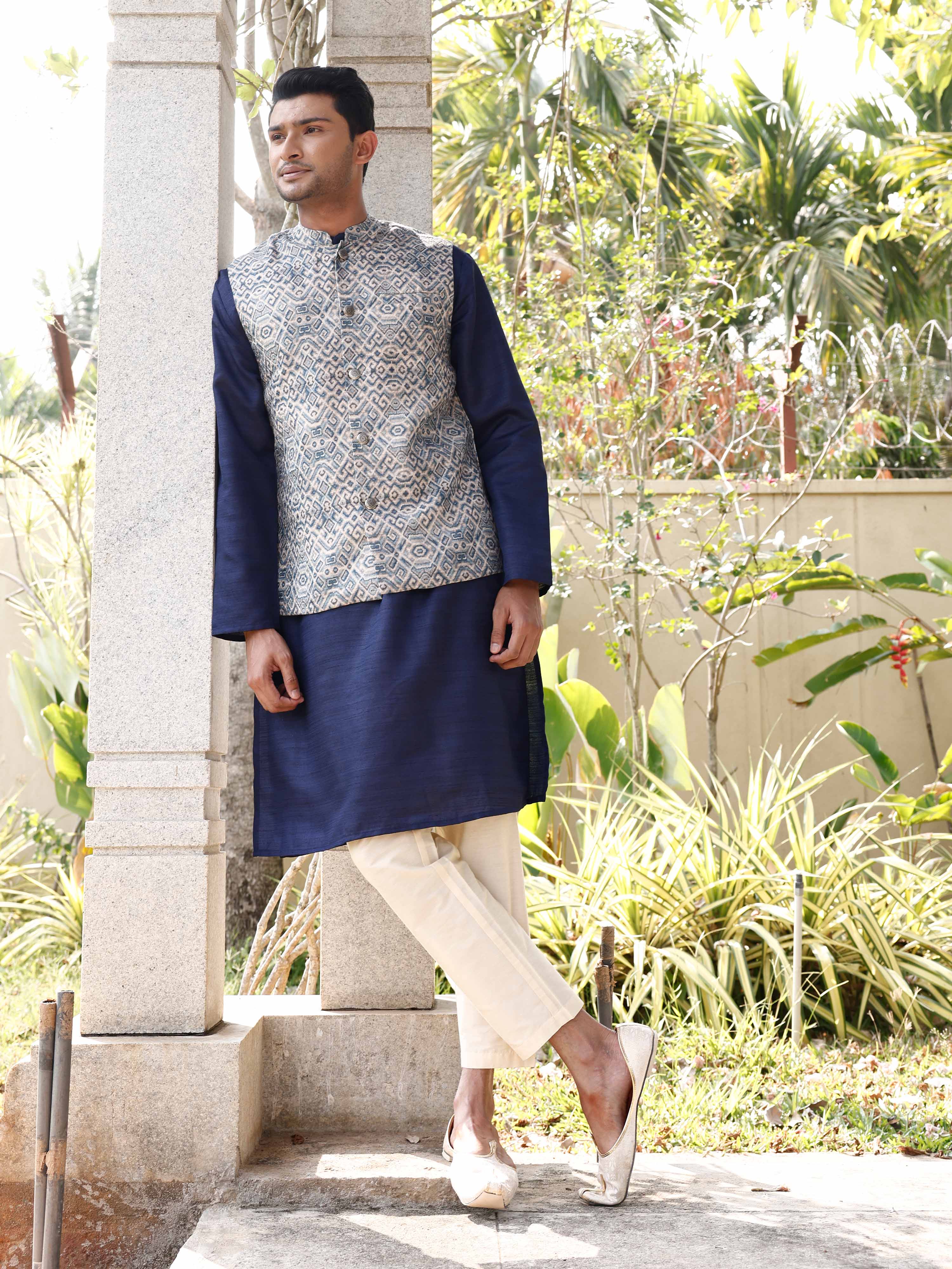 Blue and Beige Banarasi Nehru Jacket