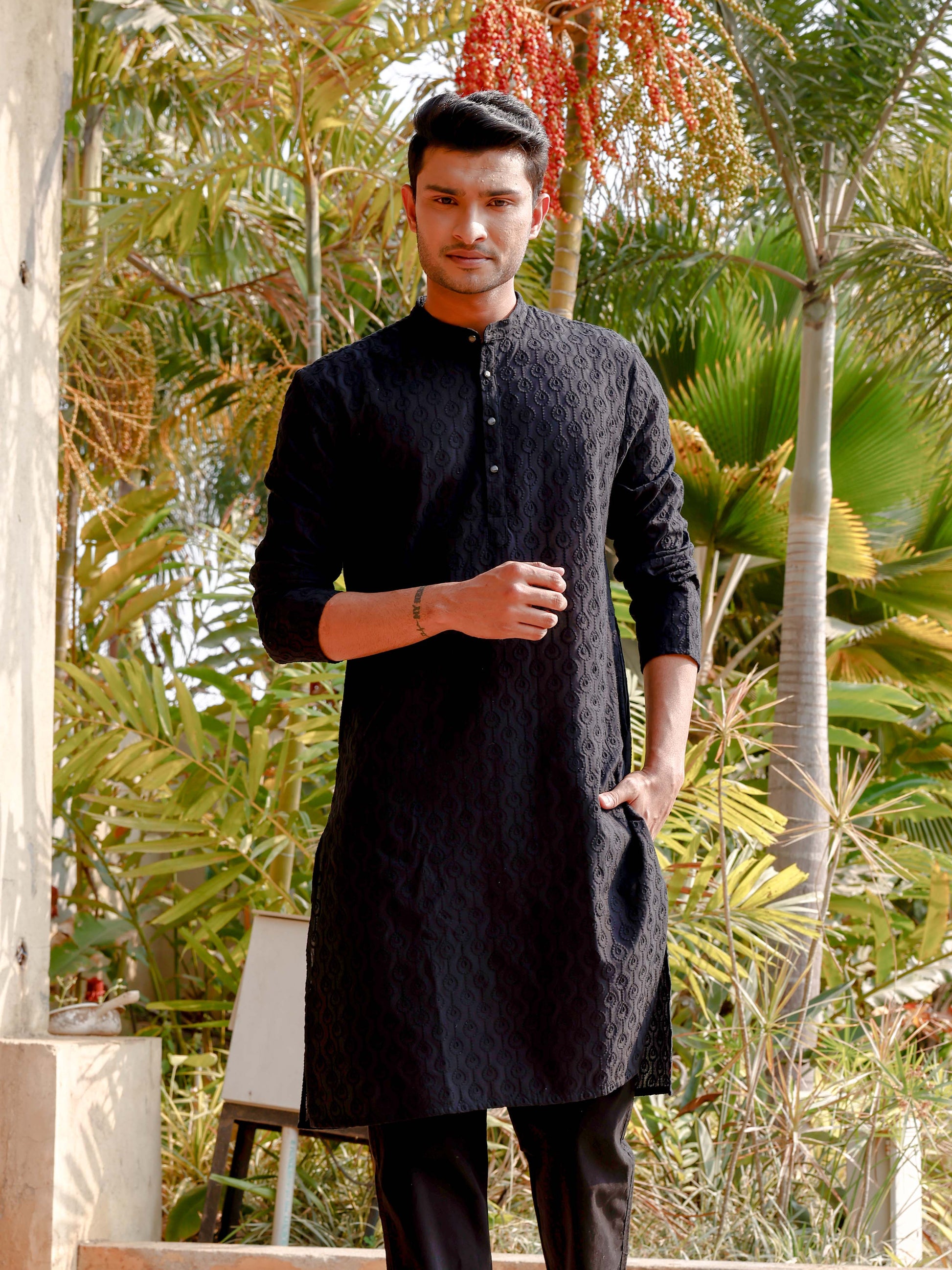 Black Chikankari long kurta for men