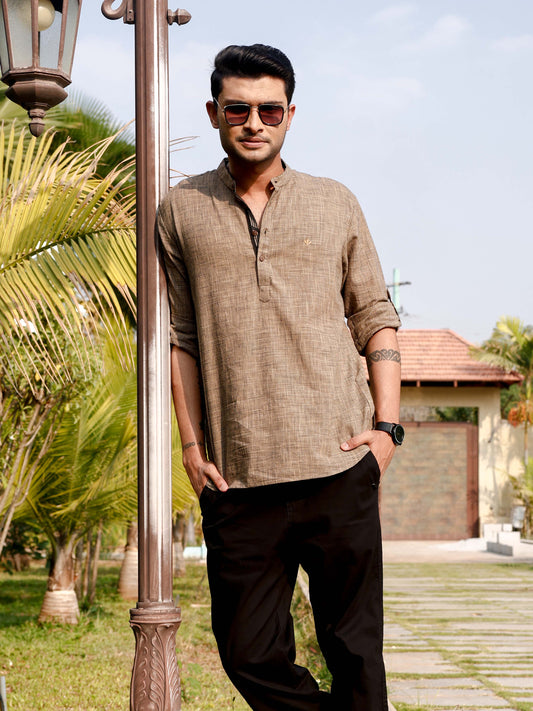 Beige Cotton Short Kurta for Men