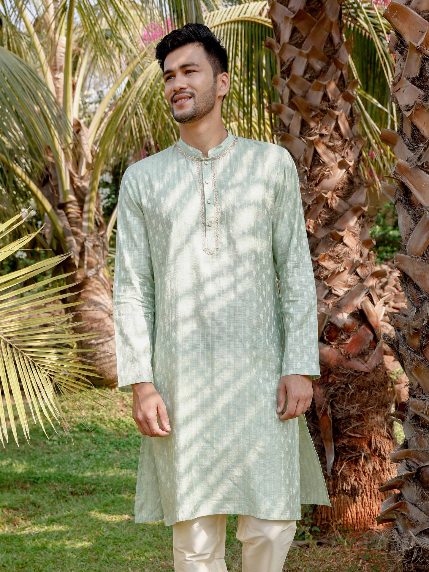 Pista Green Banarasi Chanderi Buta Long Kurta