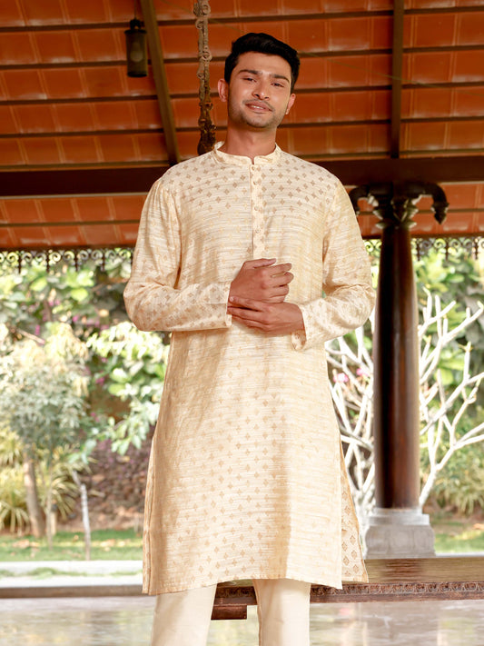 Cream Banarasi Buta Long Kurta for Men 