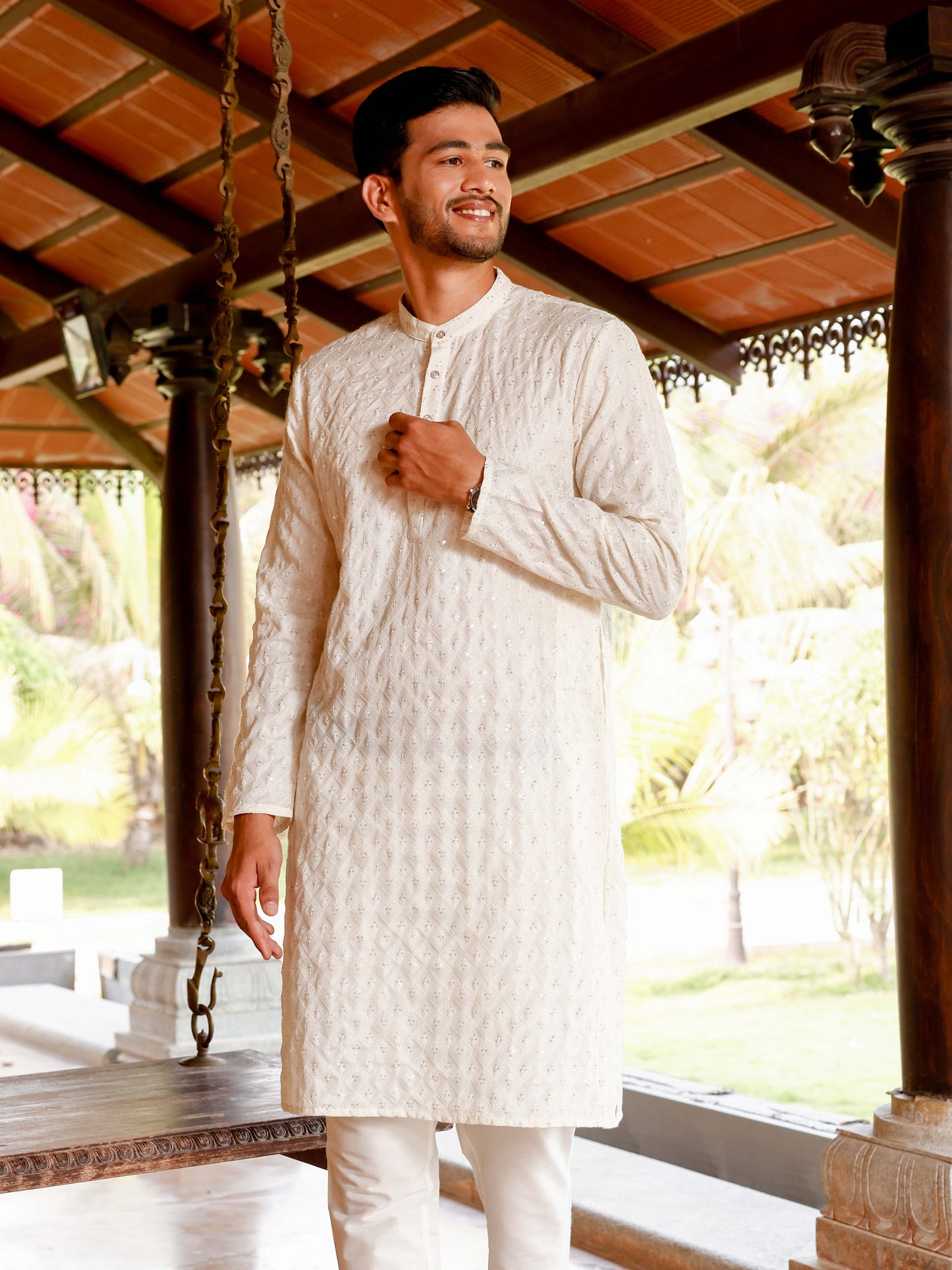 Cream Embroidery Long Kurta for Men