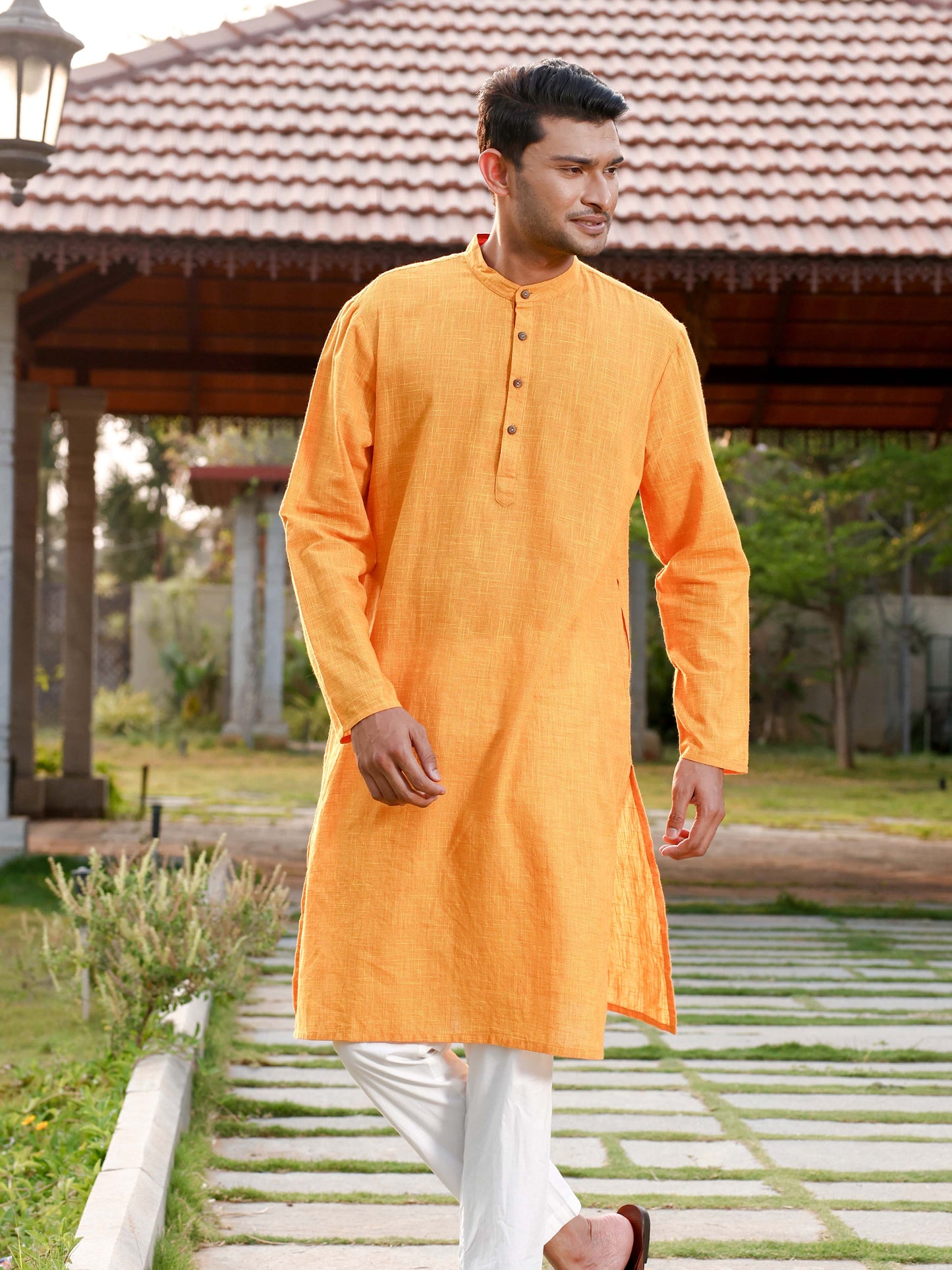 Sunshine Yellow Cotton Weave Long Kurta