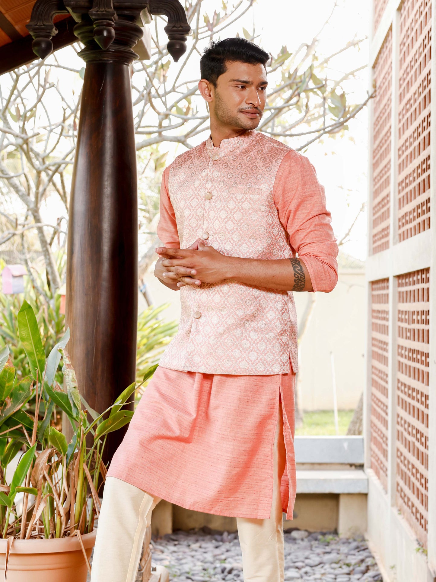 Light Pink Brocade Nehru Jacket