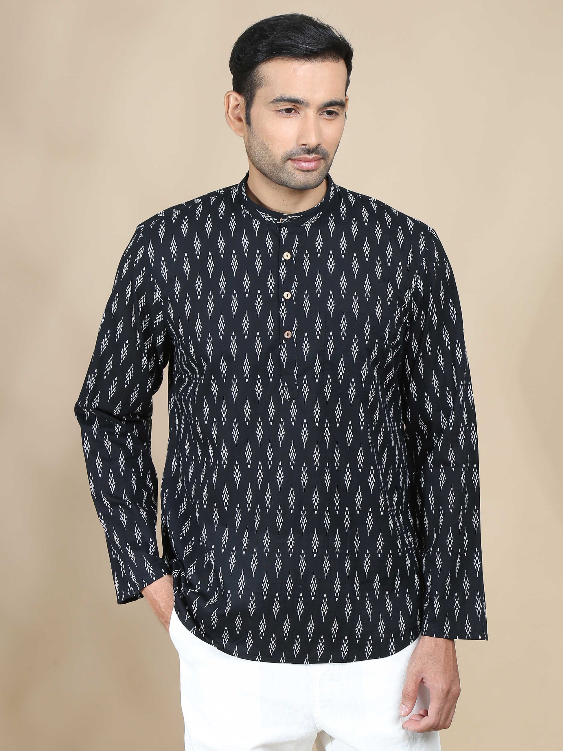 Black Jaipur Printed Short Kurta for Men