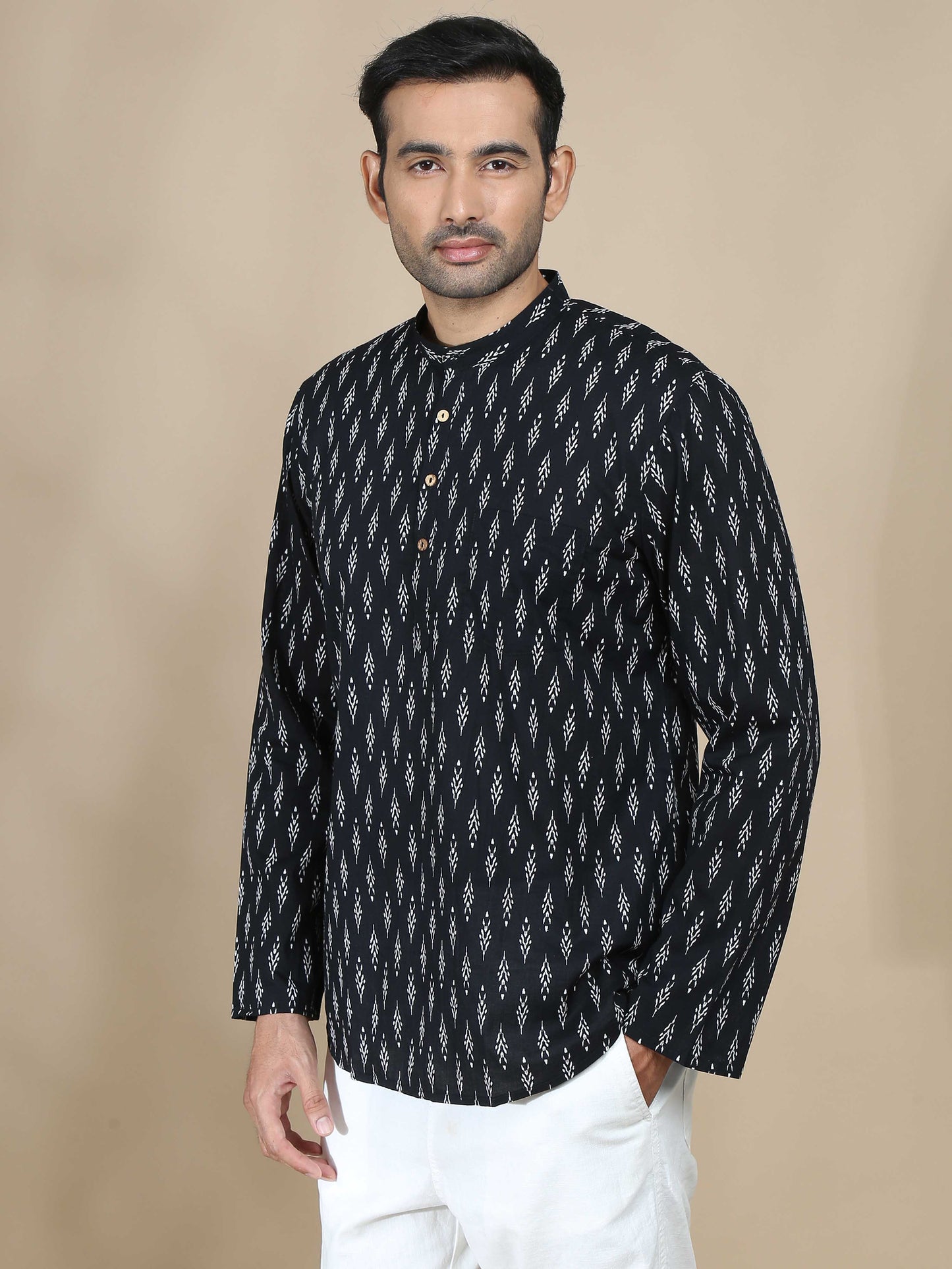 Black Jaipur Printed Short Kurta for Men