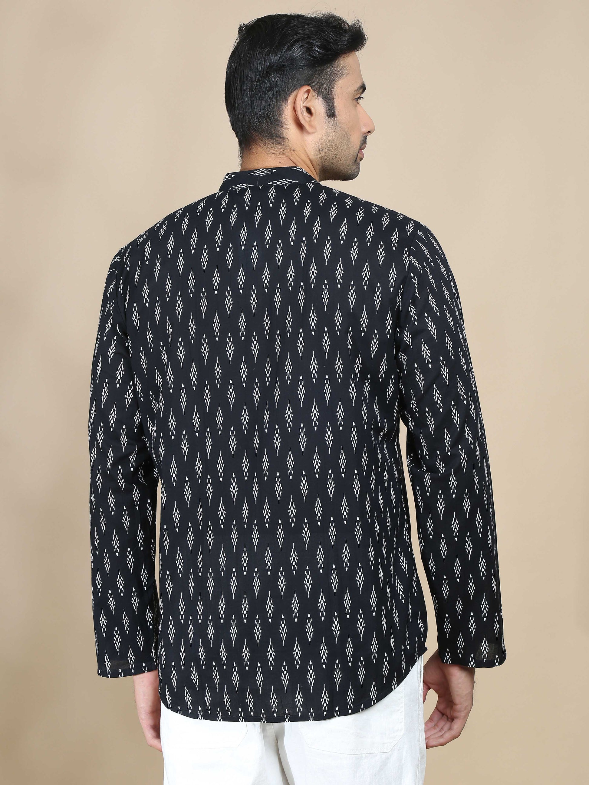 Black Jaipur Printed Short Kurta for Men