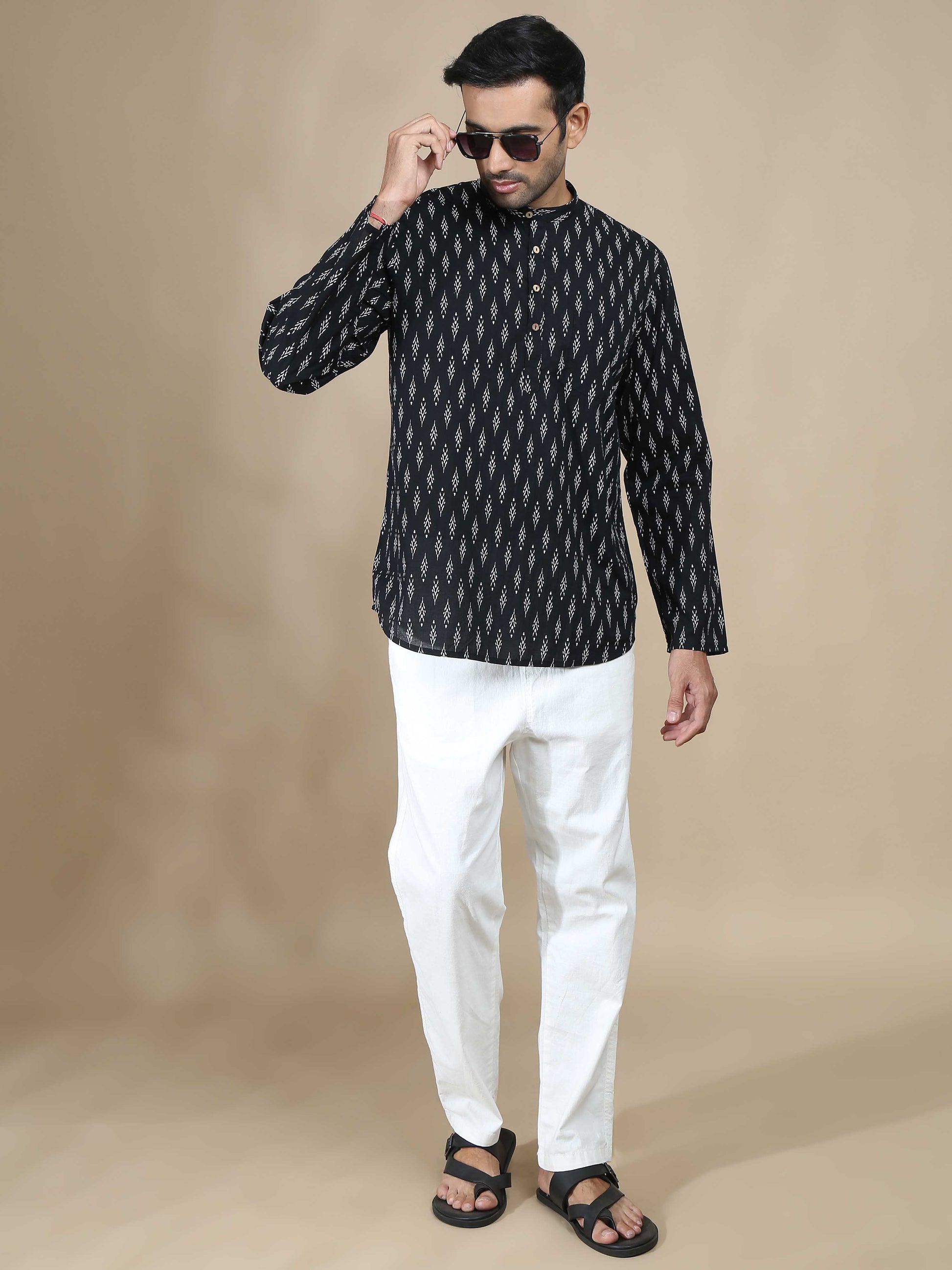 Black Jaipur Printed Short Kurta for Men