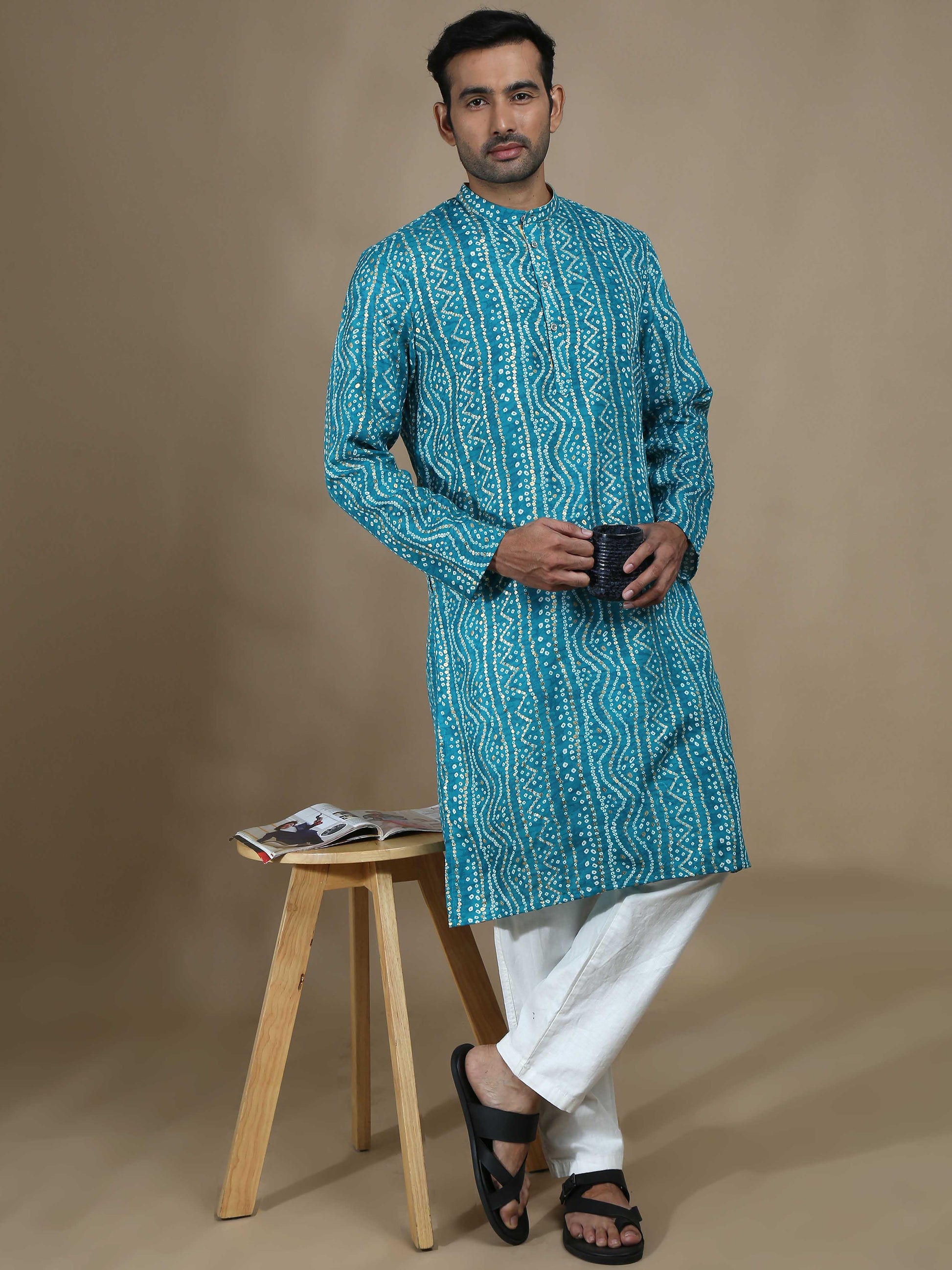 Sky Blue Bandhani Long Printed Kurta