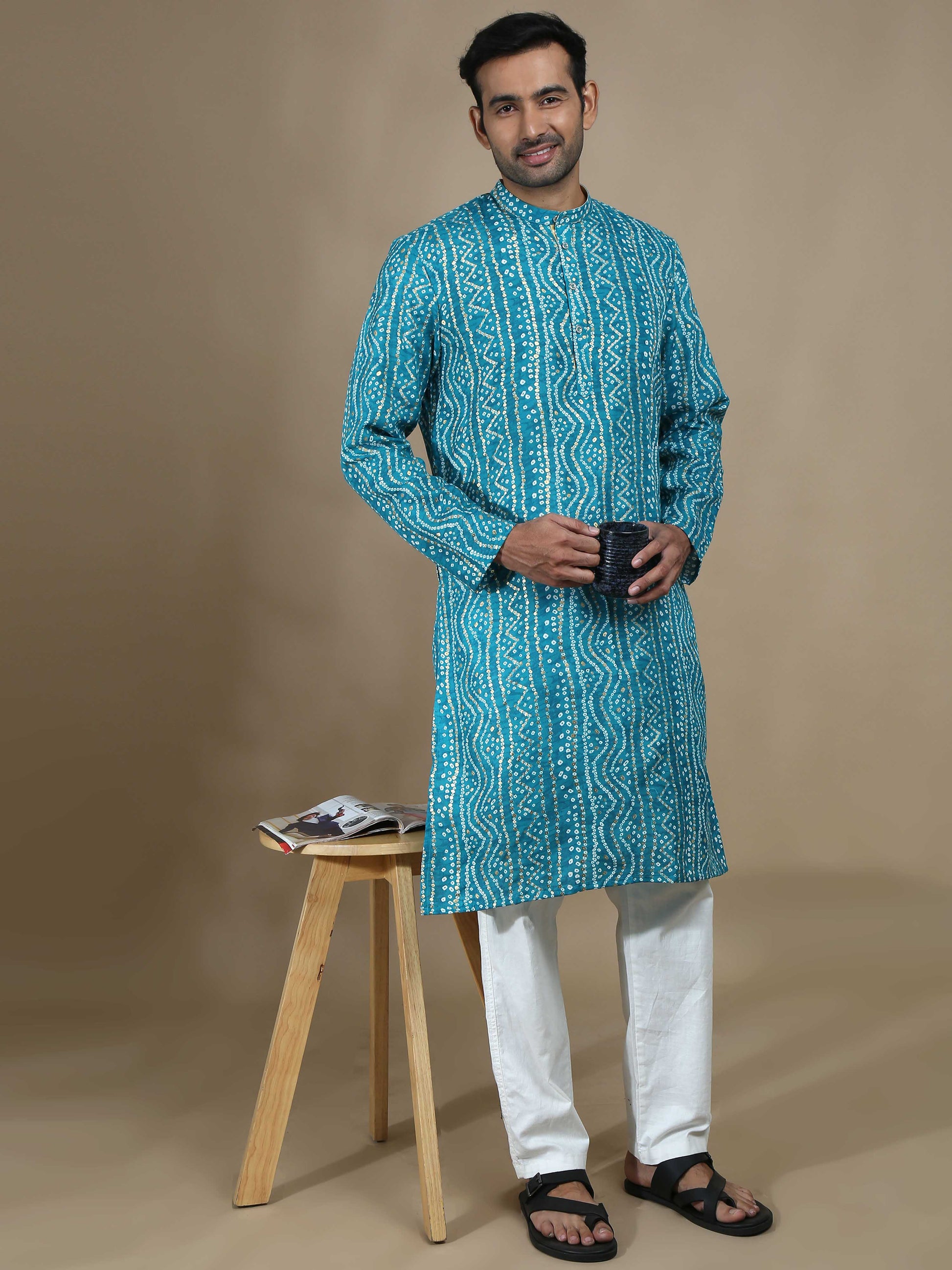 Sky Blue Bandhani Long Printed Kurta