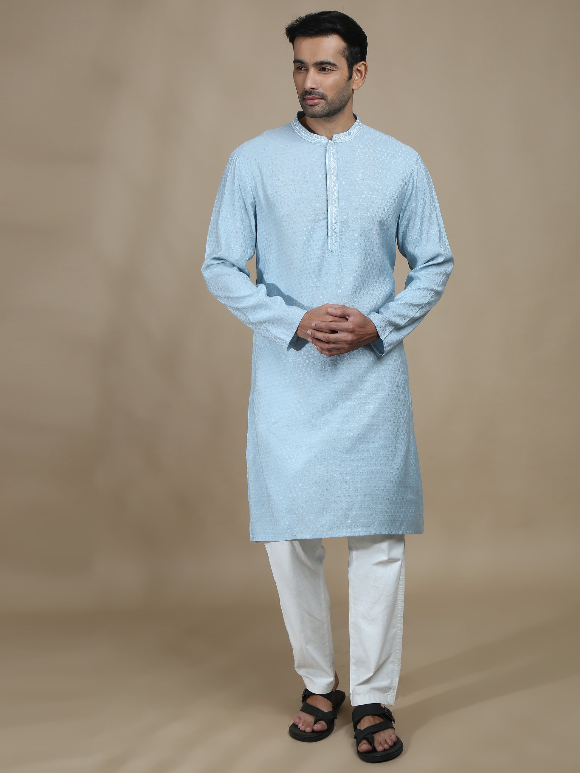 Blue Embroidered Banarasi Long Kurta for Men