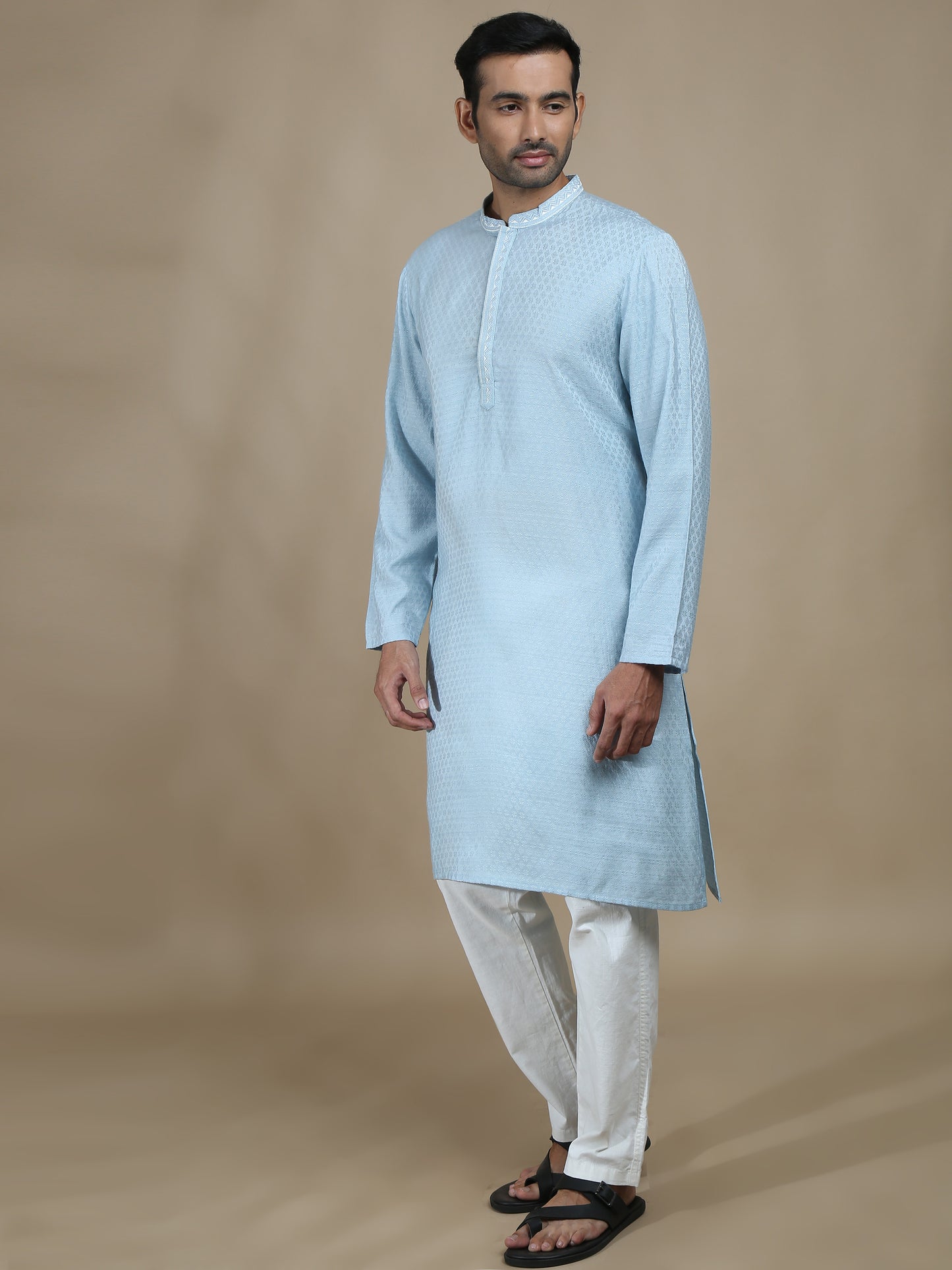 Blue Embroidered Banarasi Long Kurta for Men