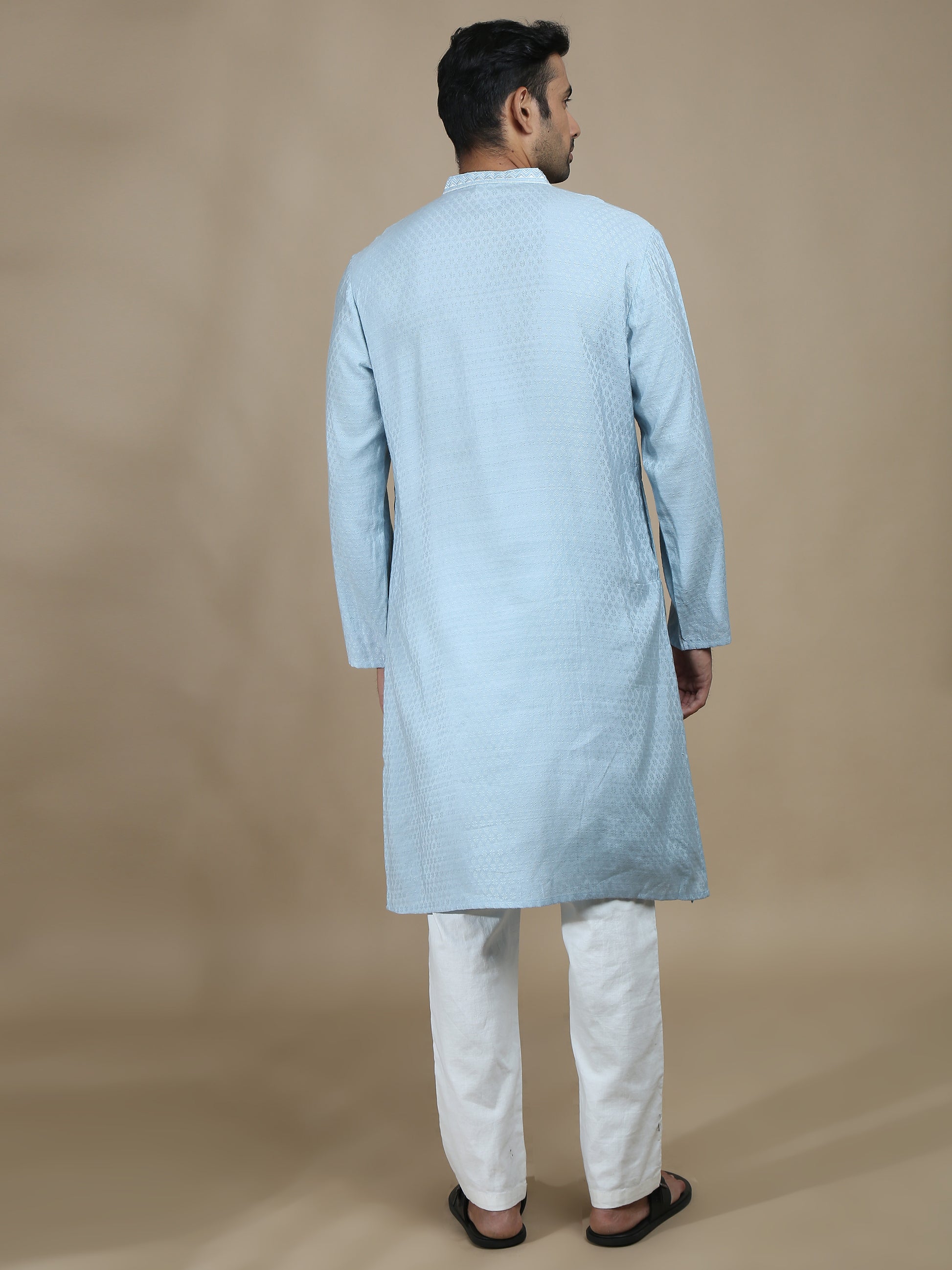 Blue Embroidered Banarasi Long Kurta for Men