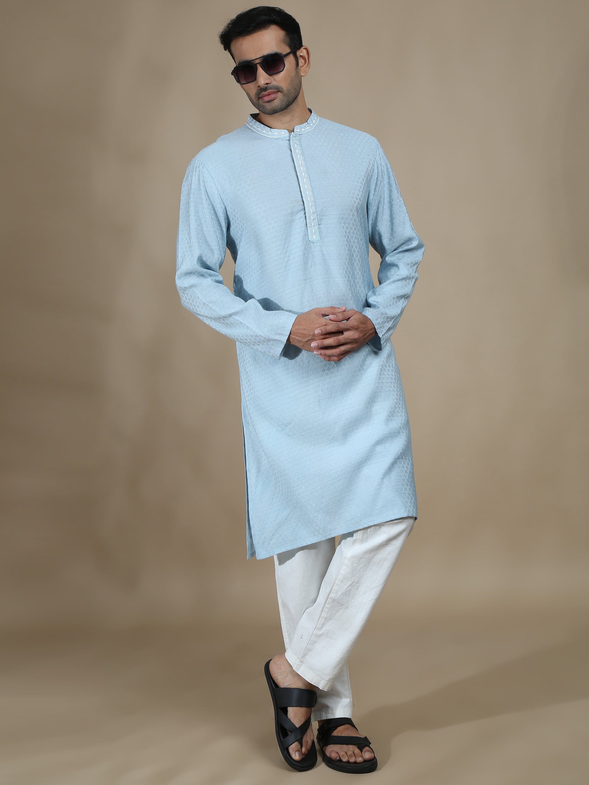 Blue Embroidered Banarasi Long Kurta for Men