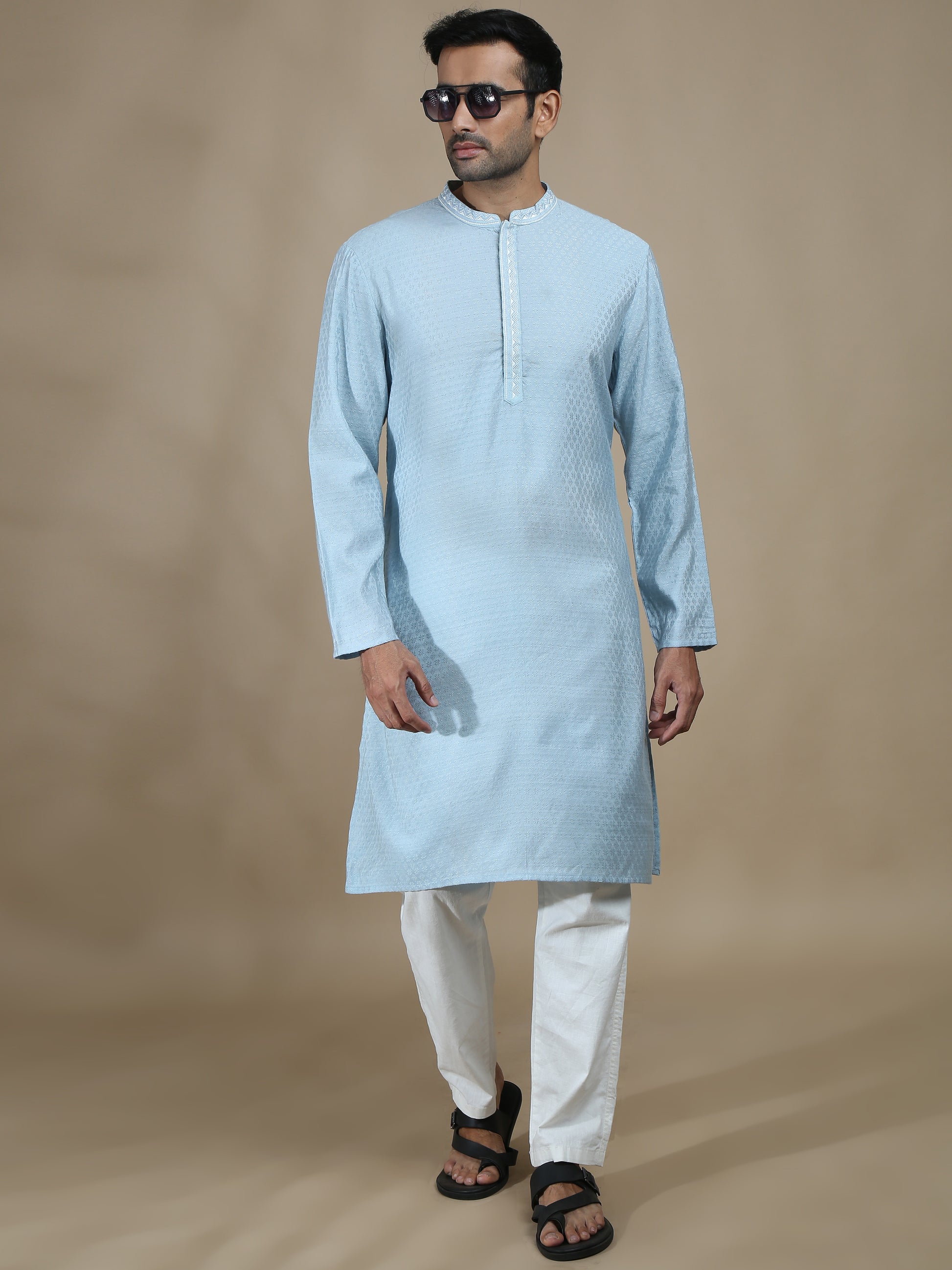 Blue Embroidered Banarasi Long Kurta for Men