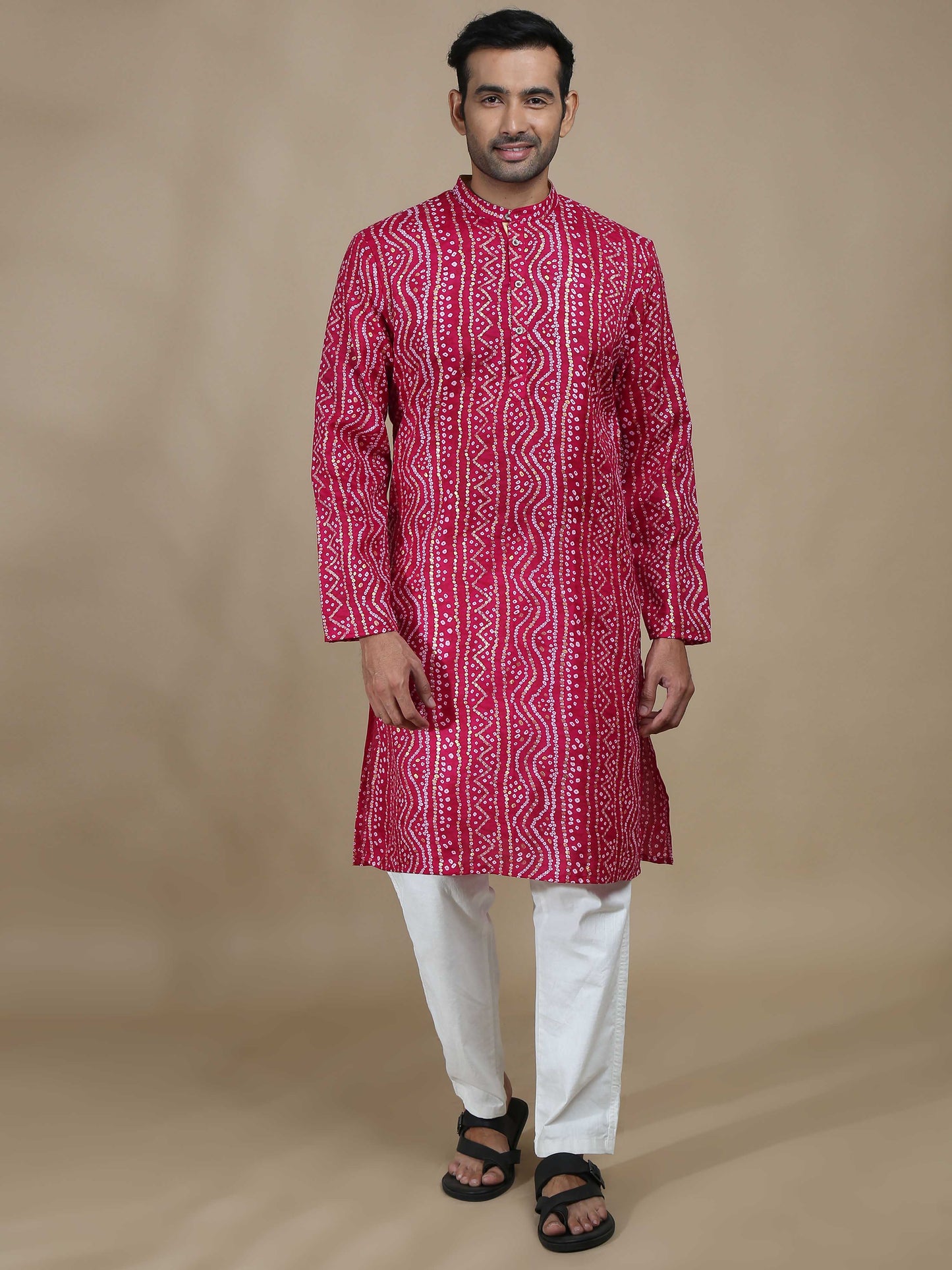 Pink Bandhani Long Printed Kurta for Men