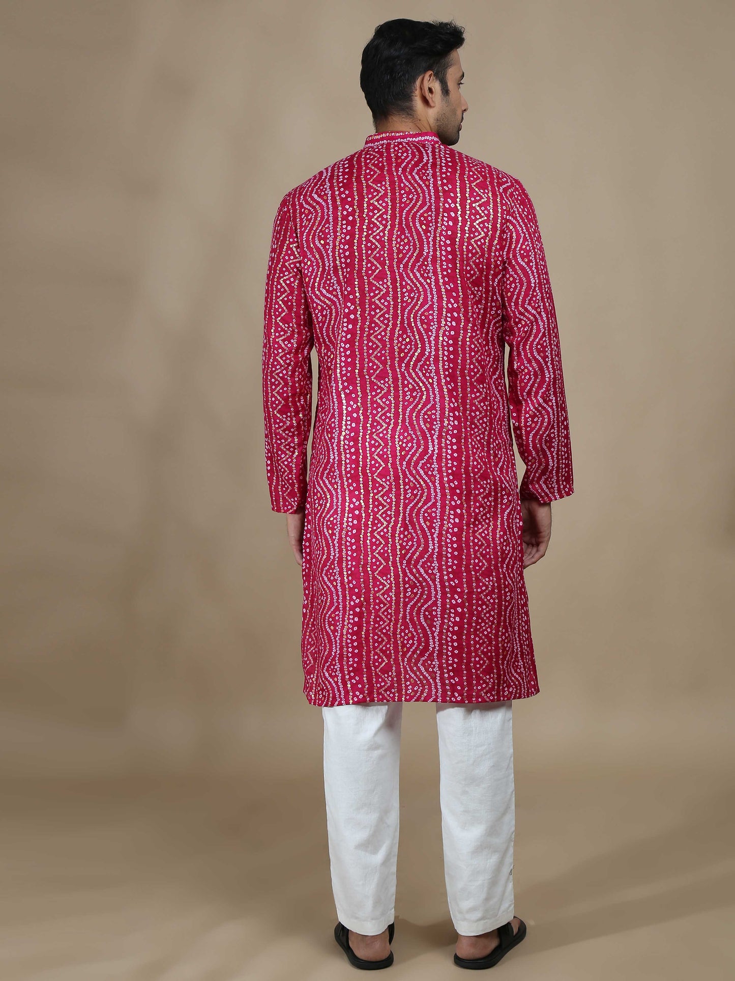 Pink Bandhani Long Printed Kurta for Men