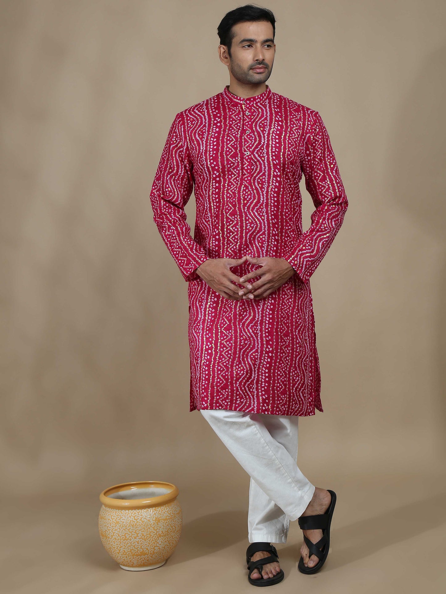 Pink Bandhani Long Printed Kurta for Men