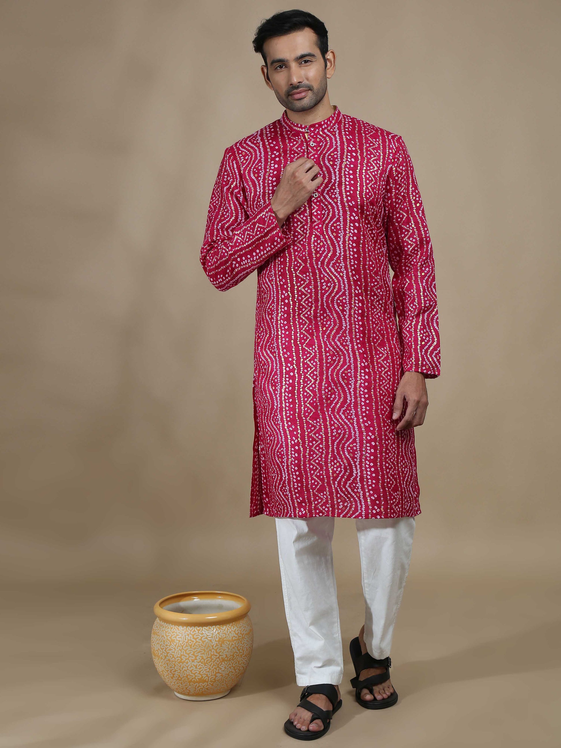 Pink Bandhani Long Printed Kurta for Men