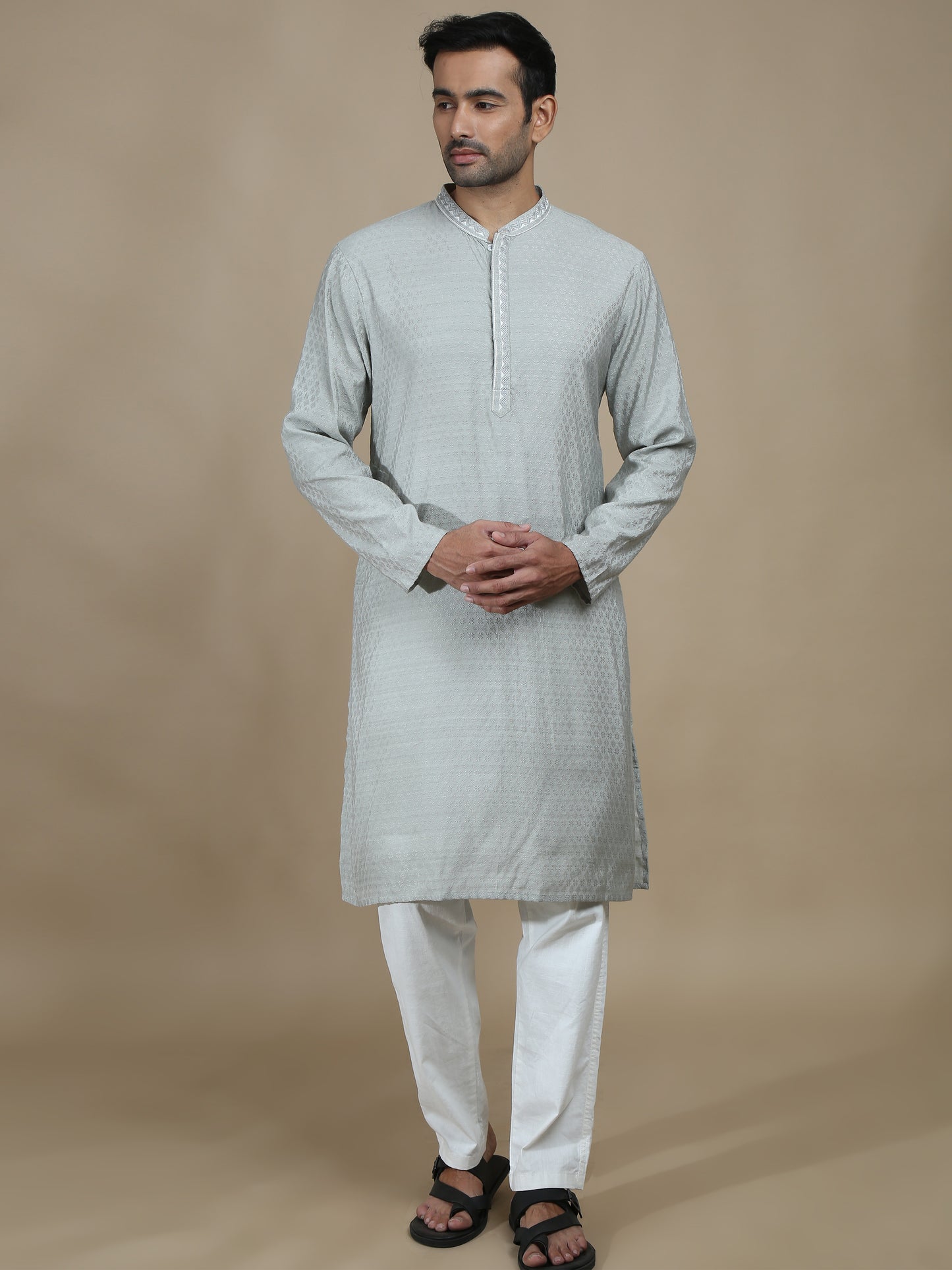 Grey Embroidered Banarasi Long Kurta