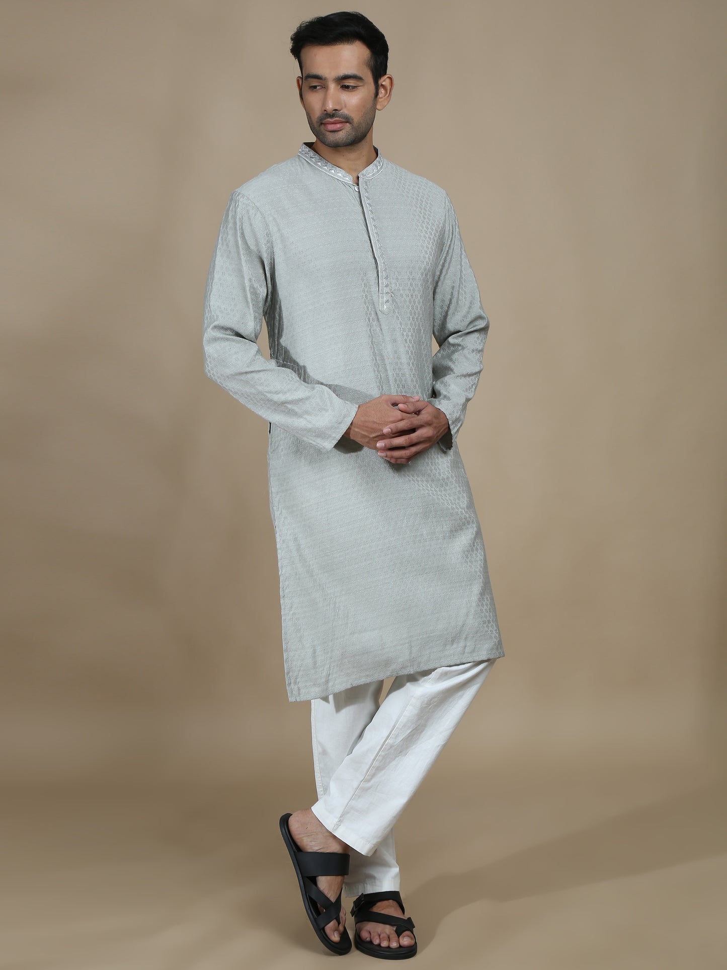 Grey Embroidered Banarasi Long Kurta