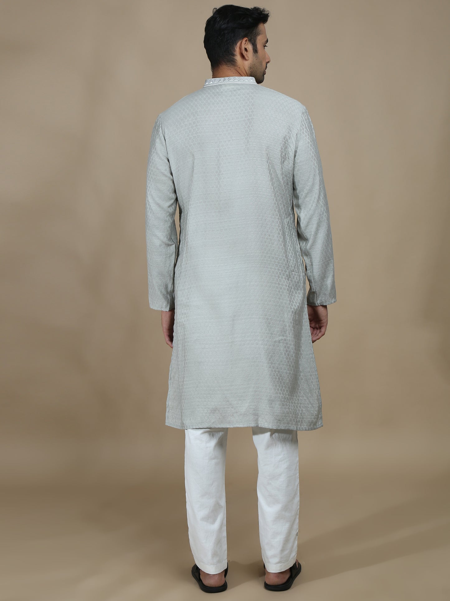 Grey Embroidered Banarasi Long Kurta