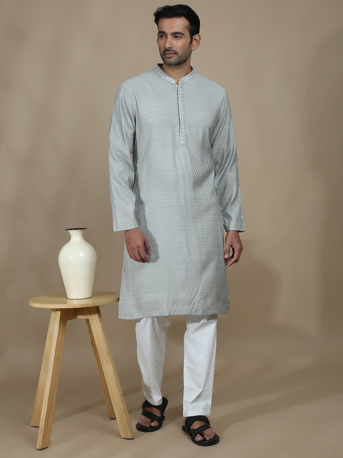 Grey Embroidered Banarasi Long Kurta