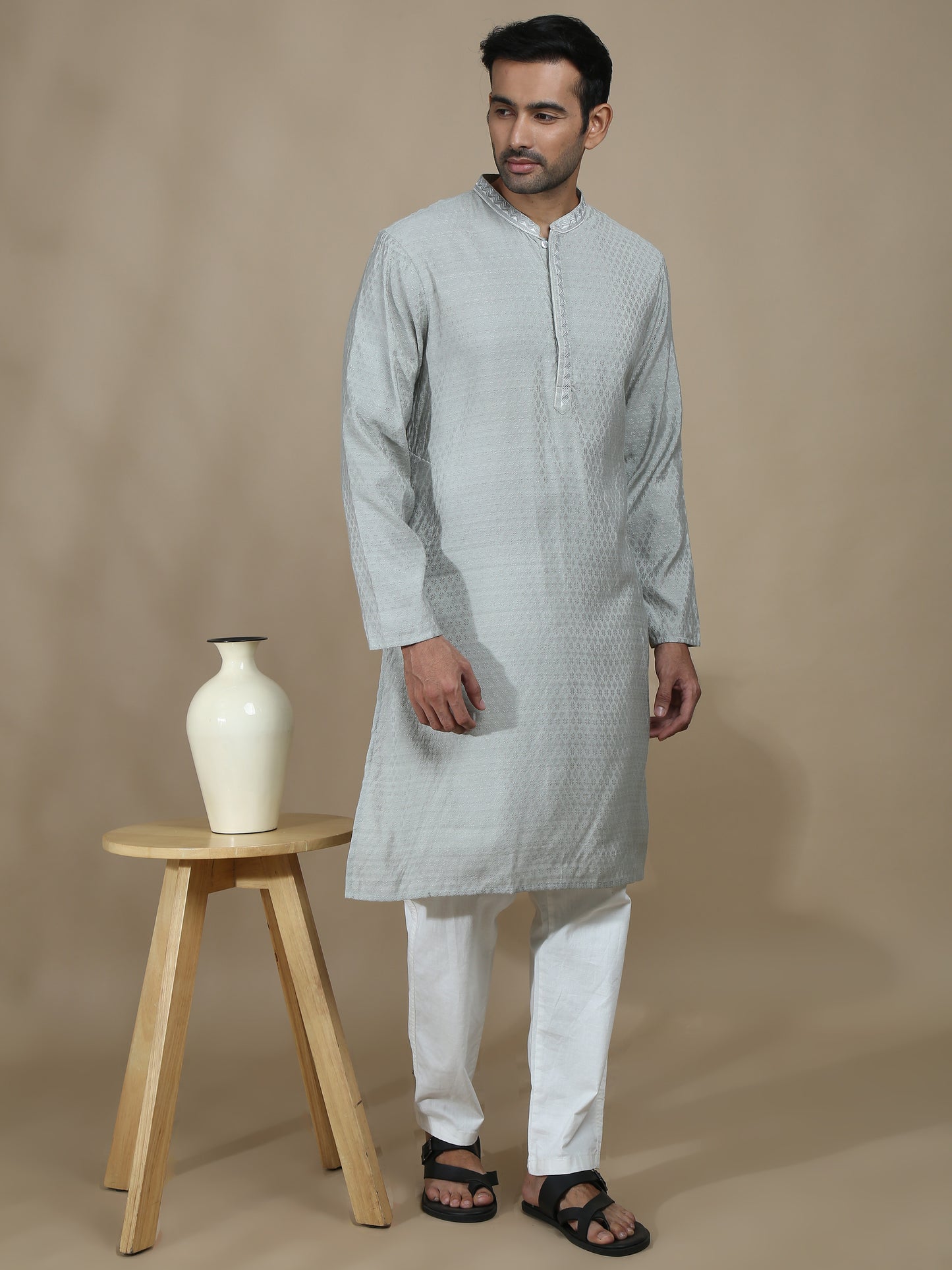 Grey Embroidered Banarasi Long Kurta