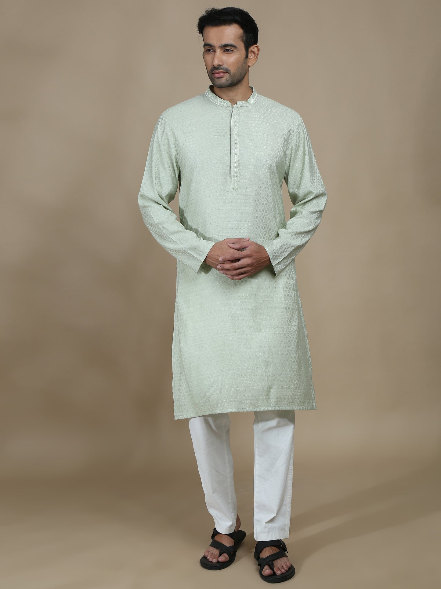 Pista Green Embroidered Banarasi Long Kurta for Men