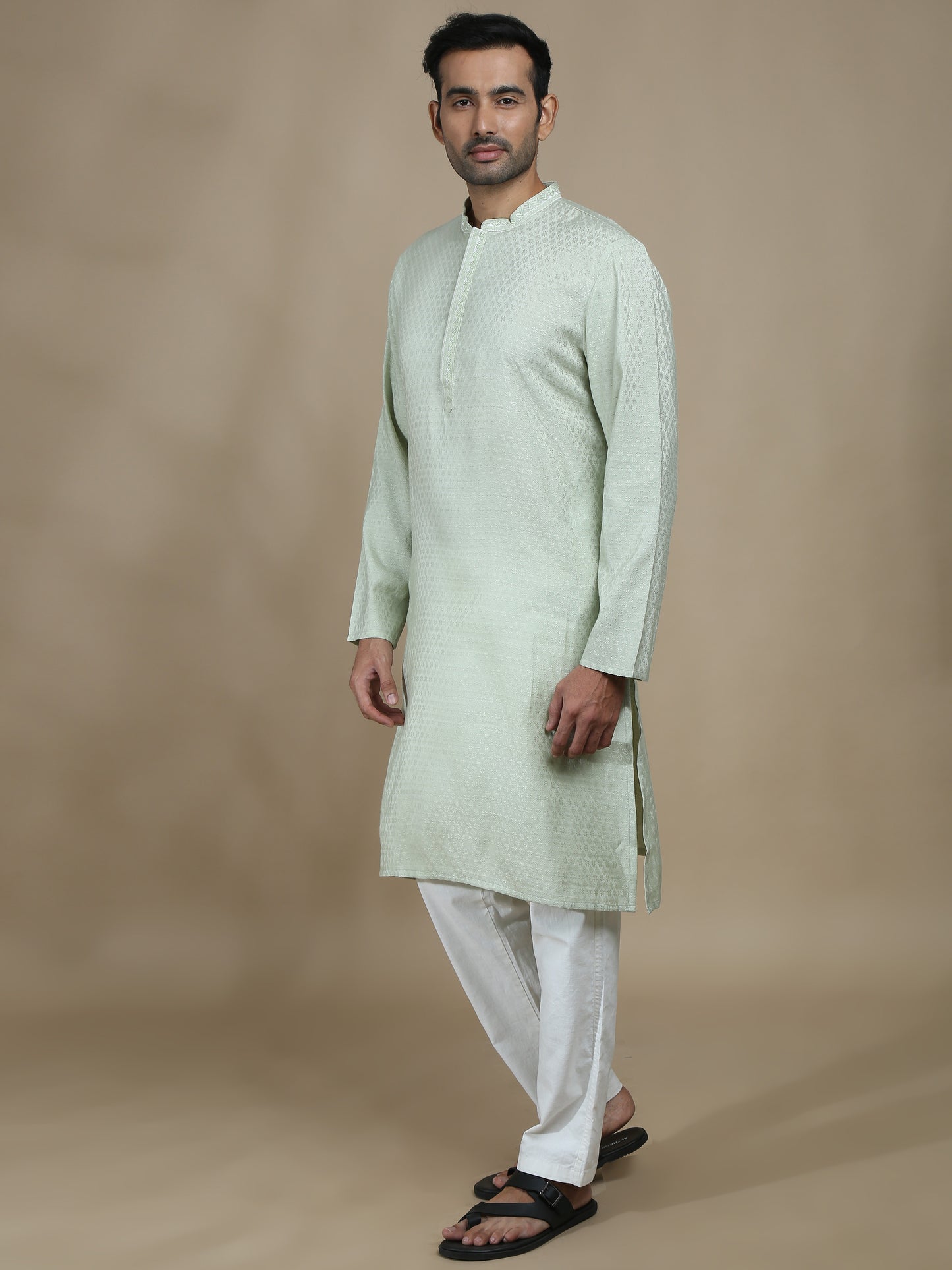 Pista Green Embroidered Banarasi Long Kurta for Men