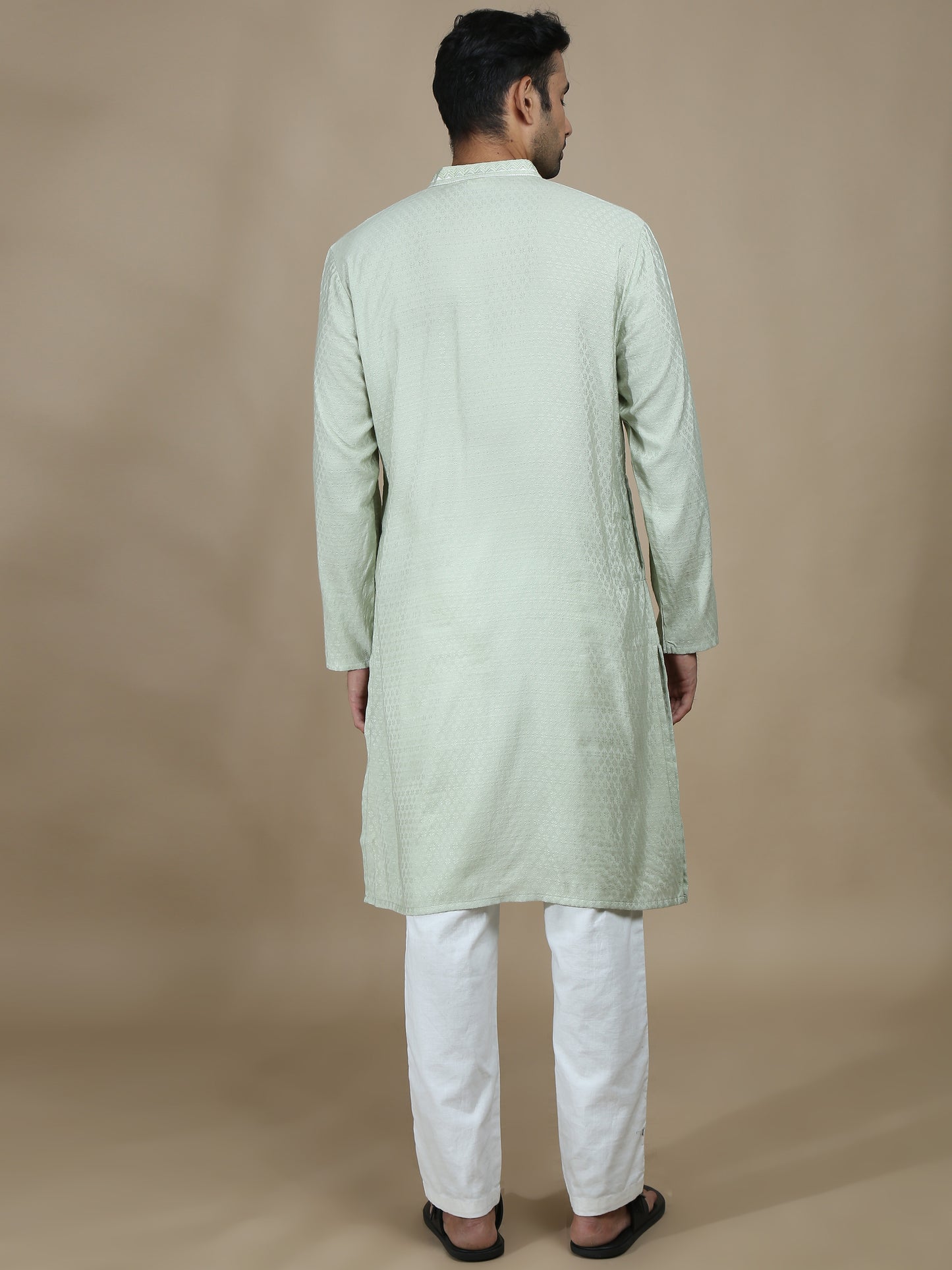 Pista Green Embroidered Banarasi Long Kurta for Men