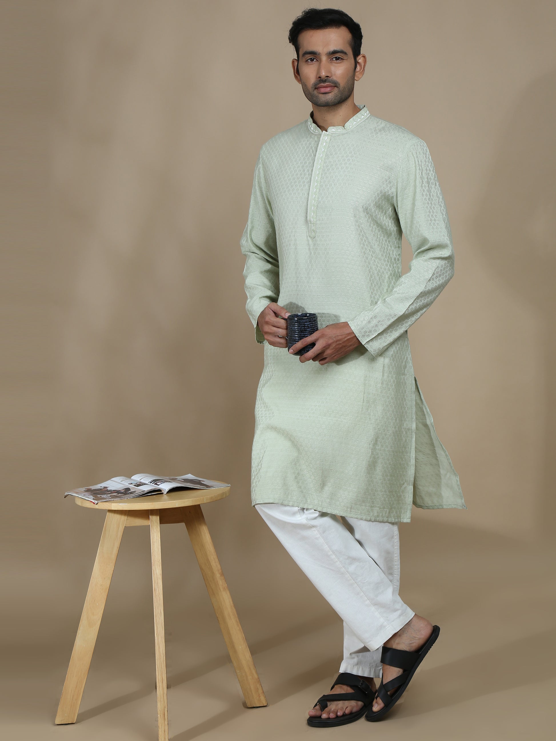 Pista Green Embroidered Banarasi Long Kurta for Men