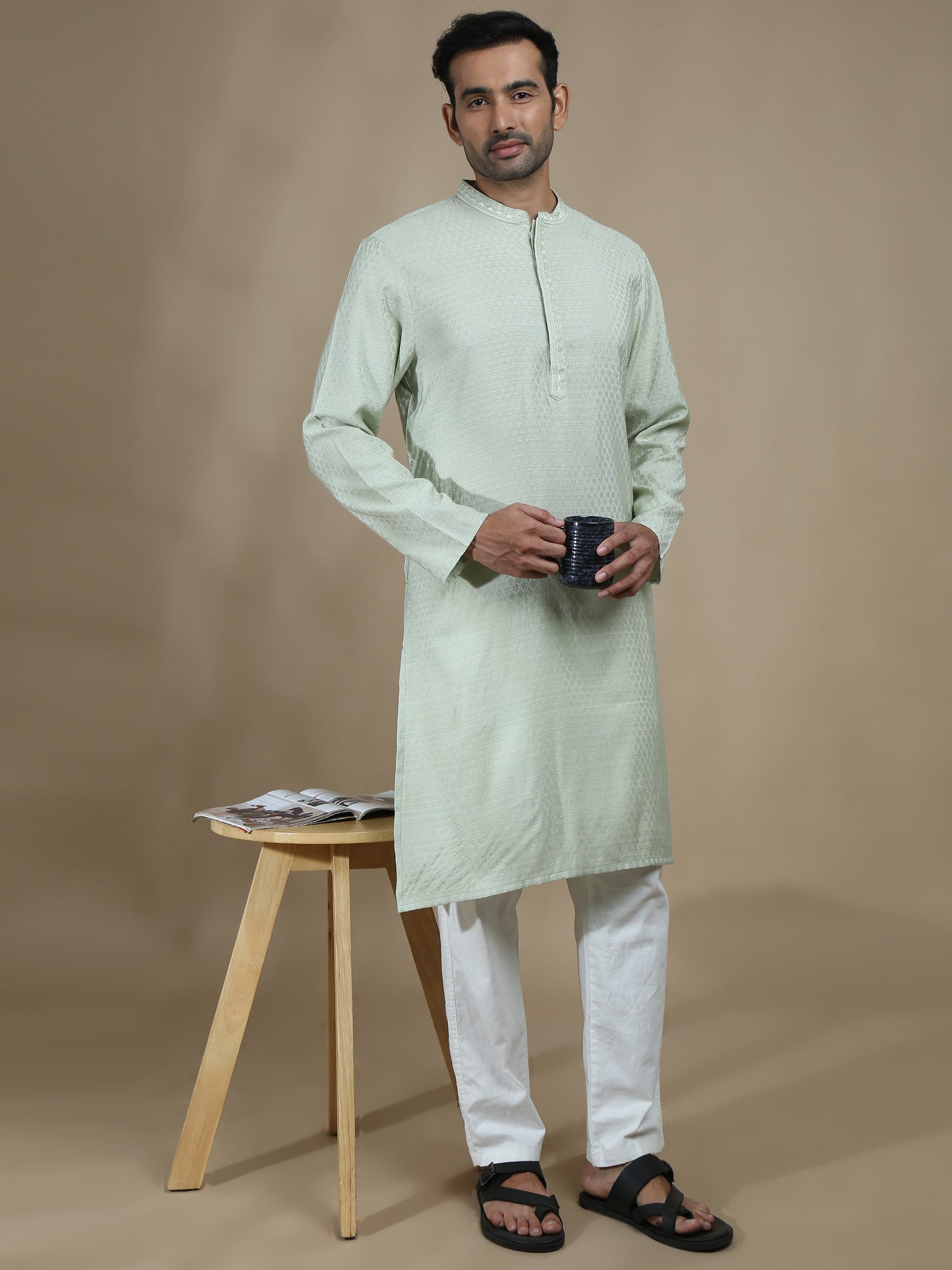 Pista Green Embroidered Banarasi Long Kurta for Men