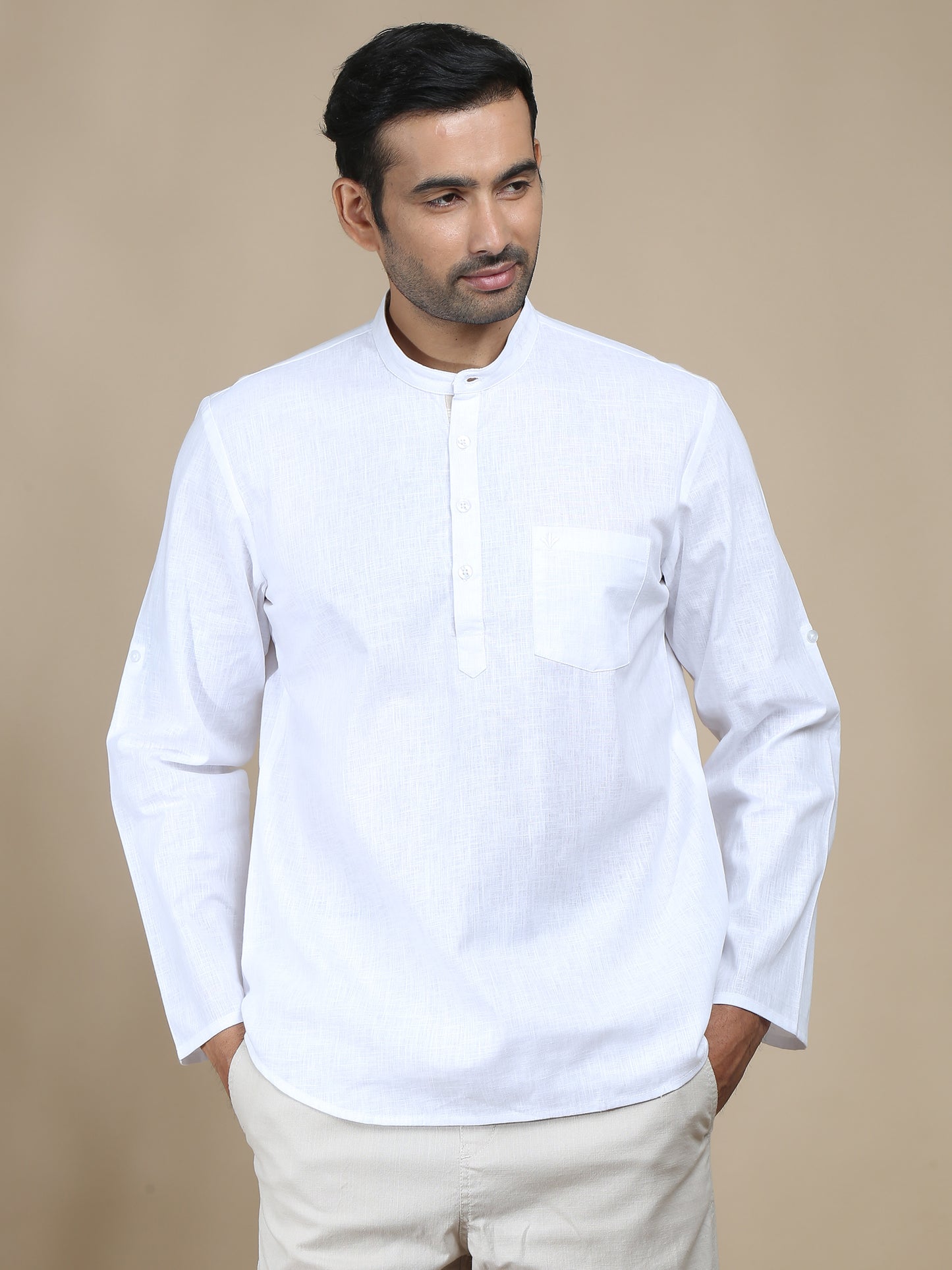 White Cotton Short Kurta for Men