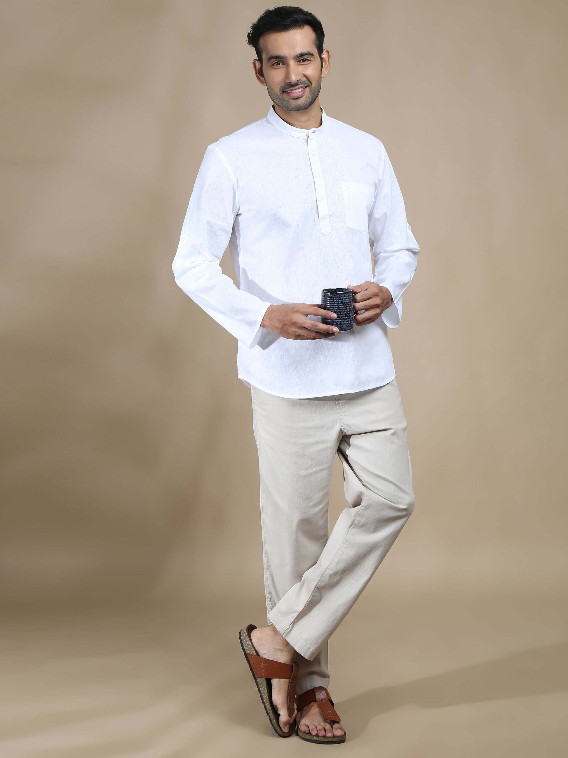 White Cotton Short Kurta for Men