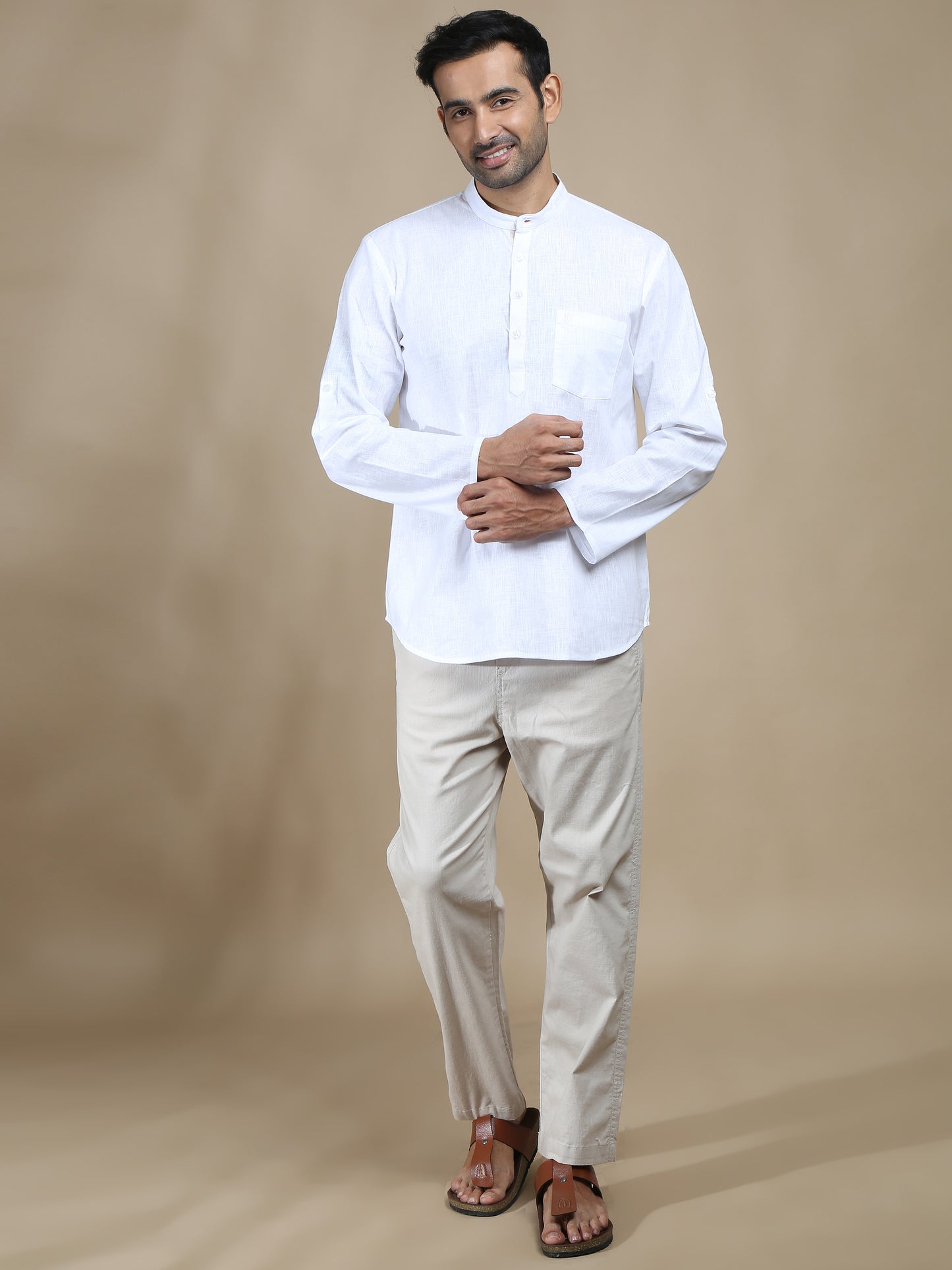 White Cotton Short Kurta for Men