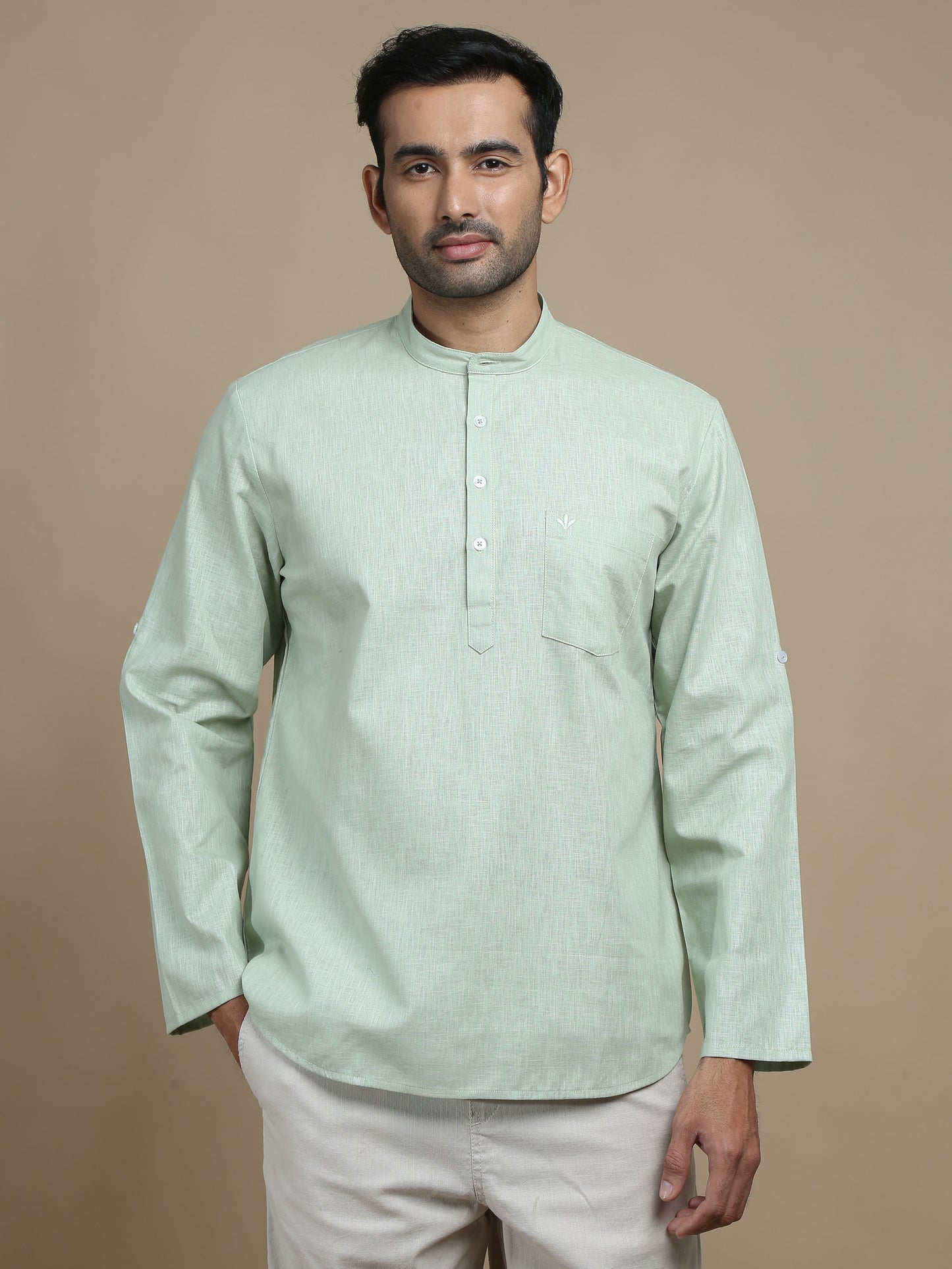 Light Green Cotton Short Kurta for Men