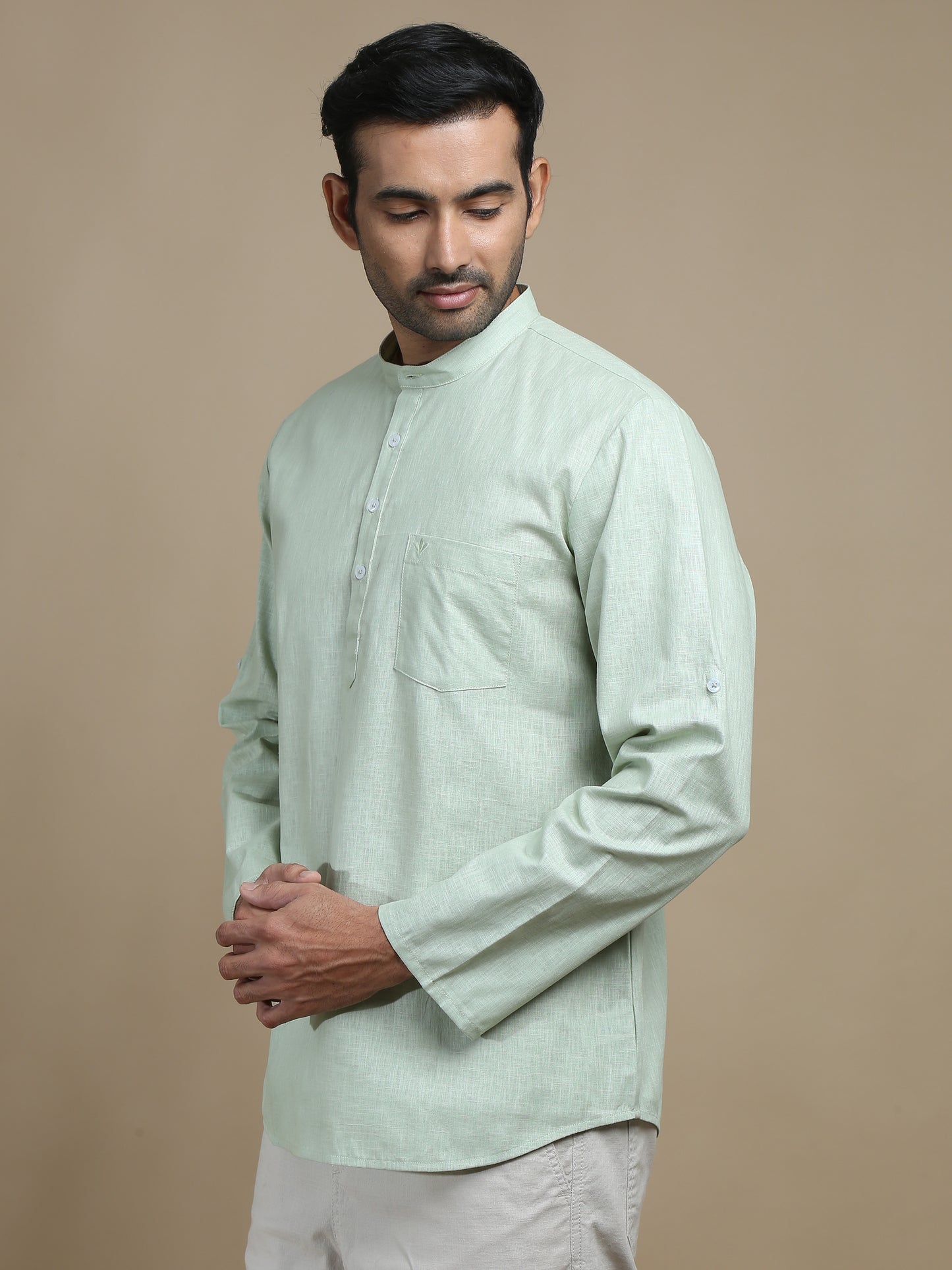 Light Green Cotton Short Kurta for Men