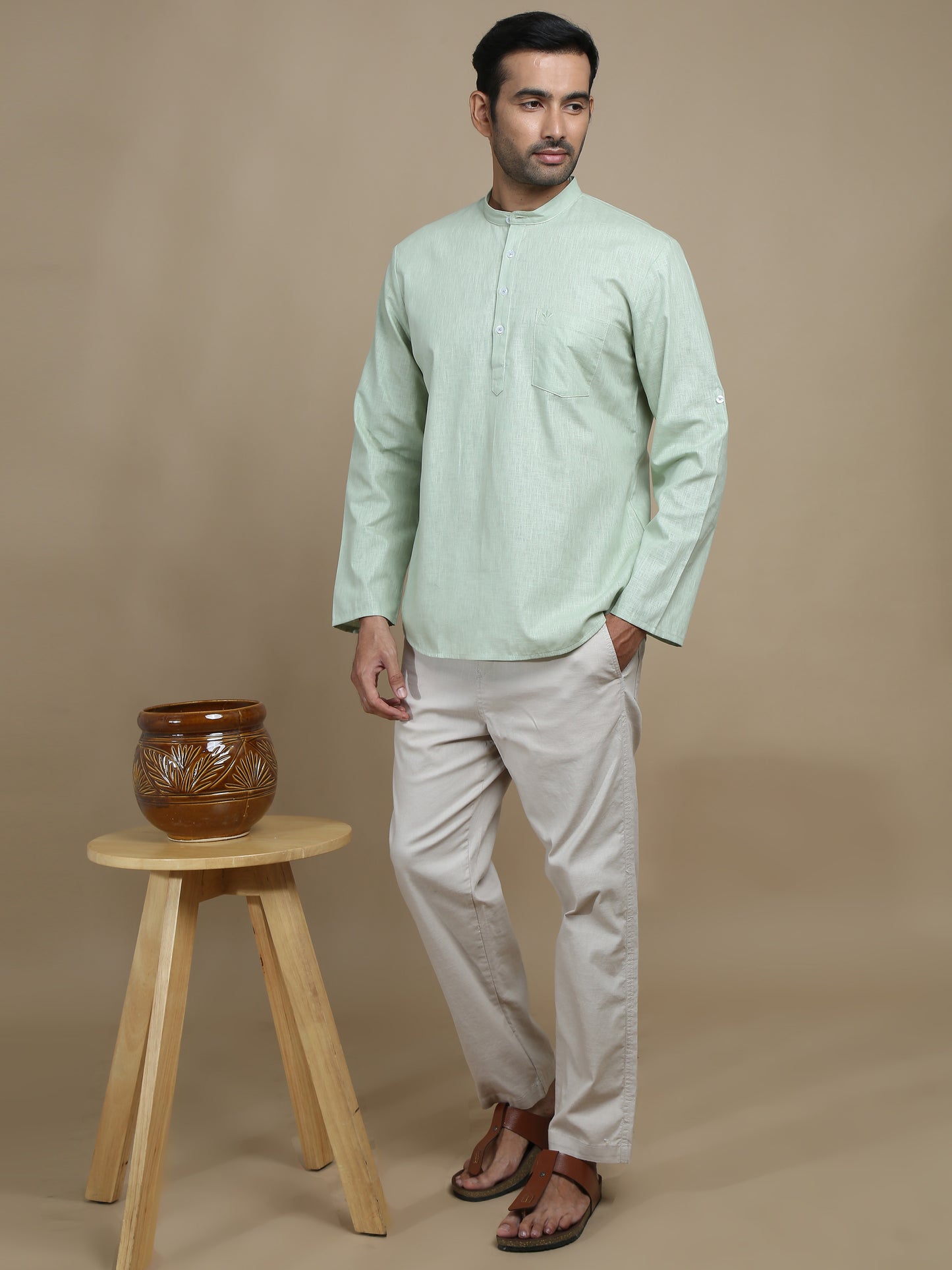 Light Green Cotton Short Kurta for Men