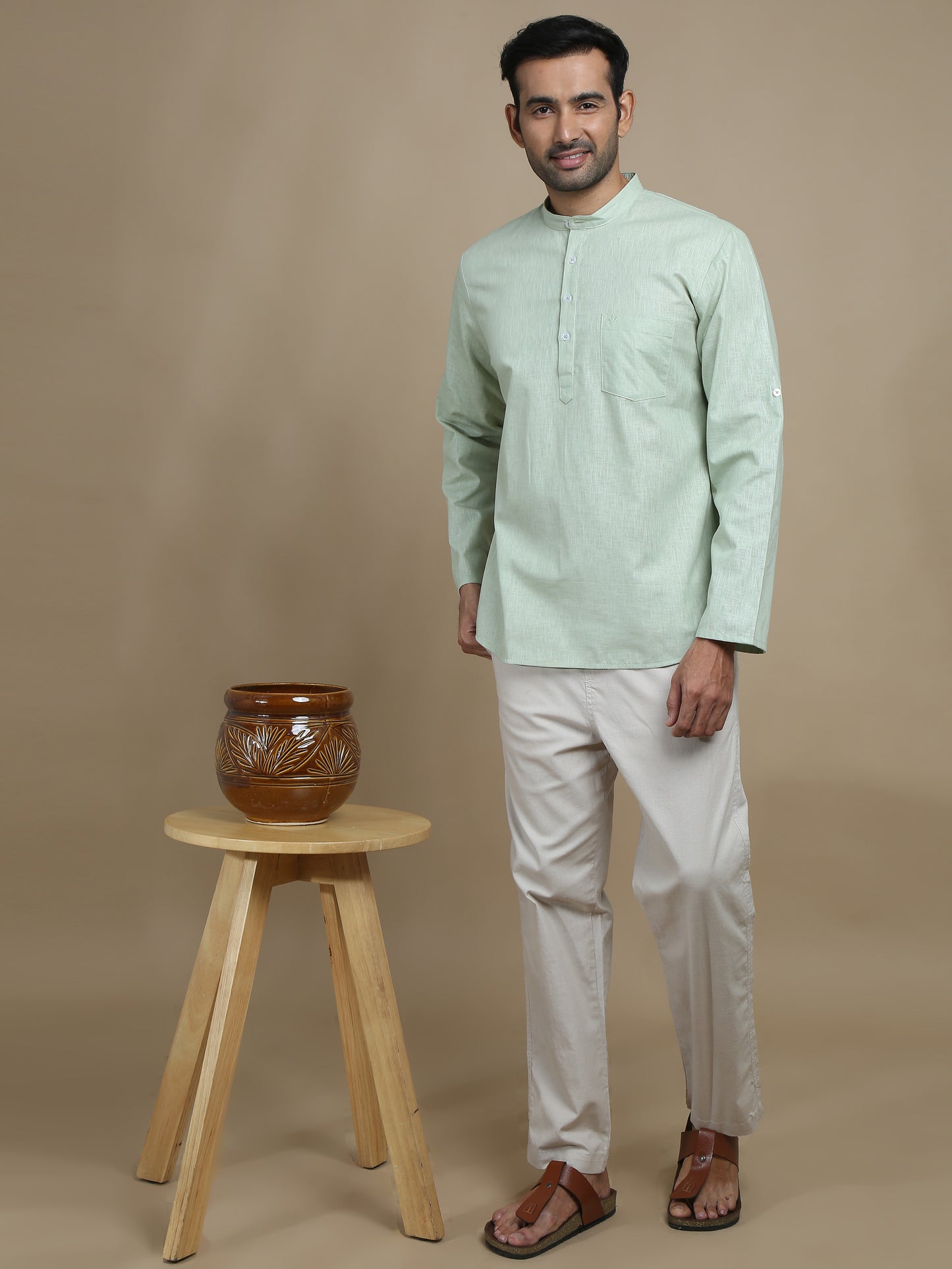 Light Green Cotton Short Kurta for Men