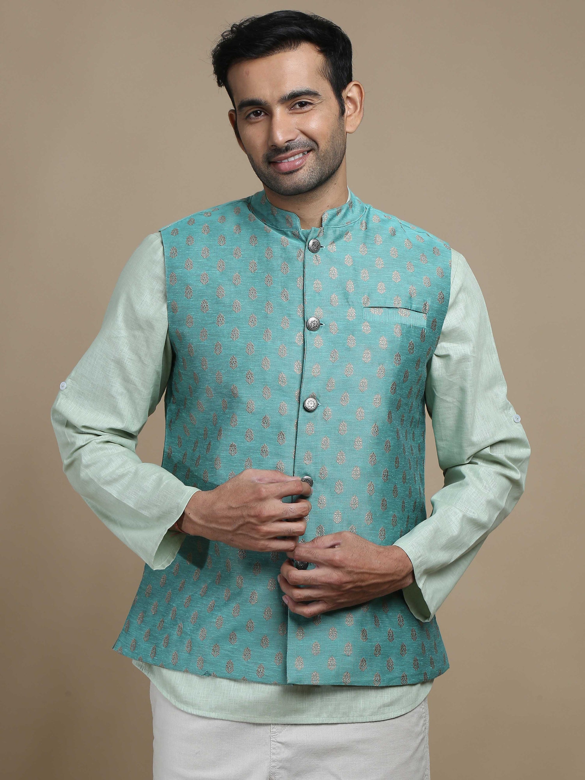 Teal Grey Banarasi Buta Nehru Jacket