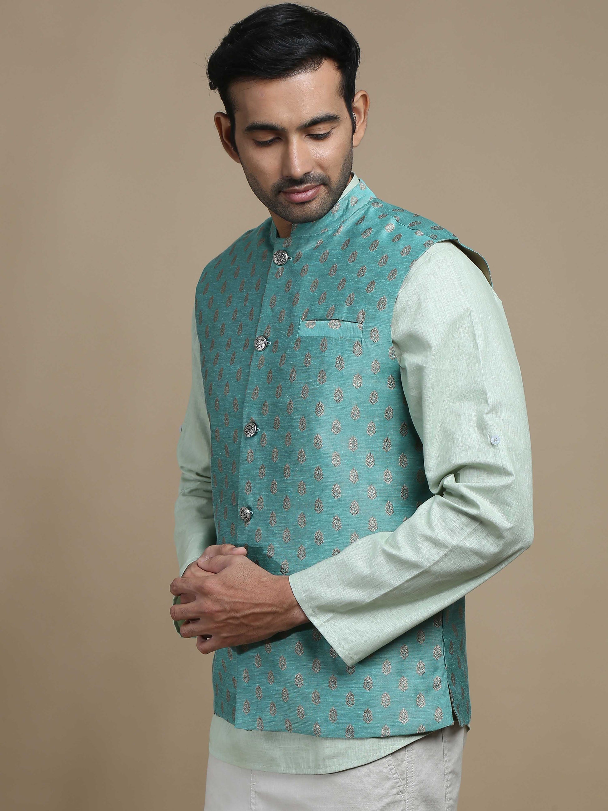 Teal Grey Banarasi Buta Nehru Jacket