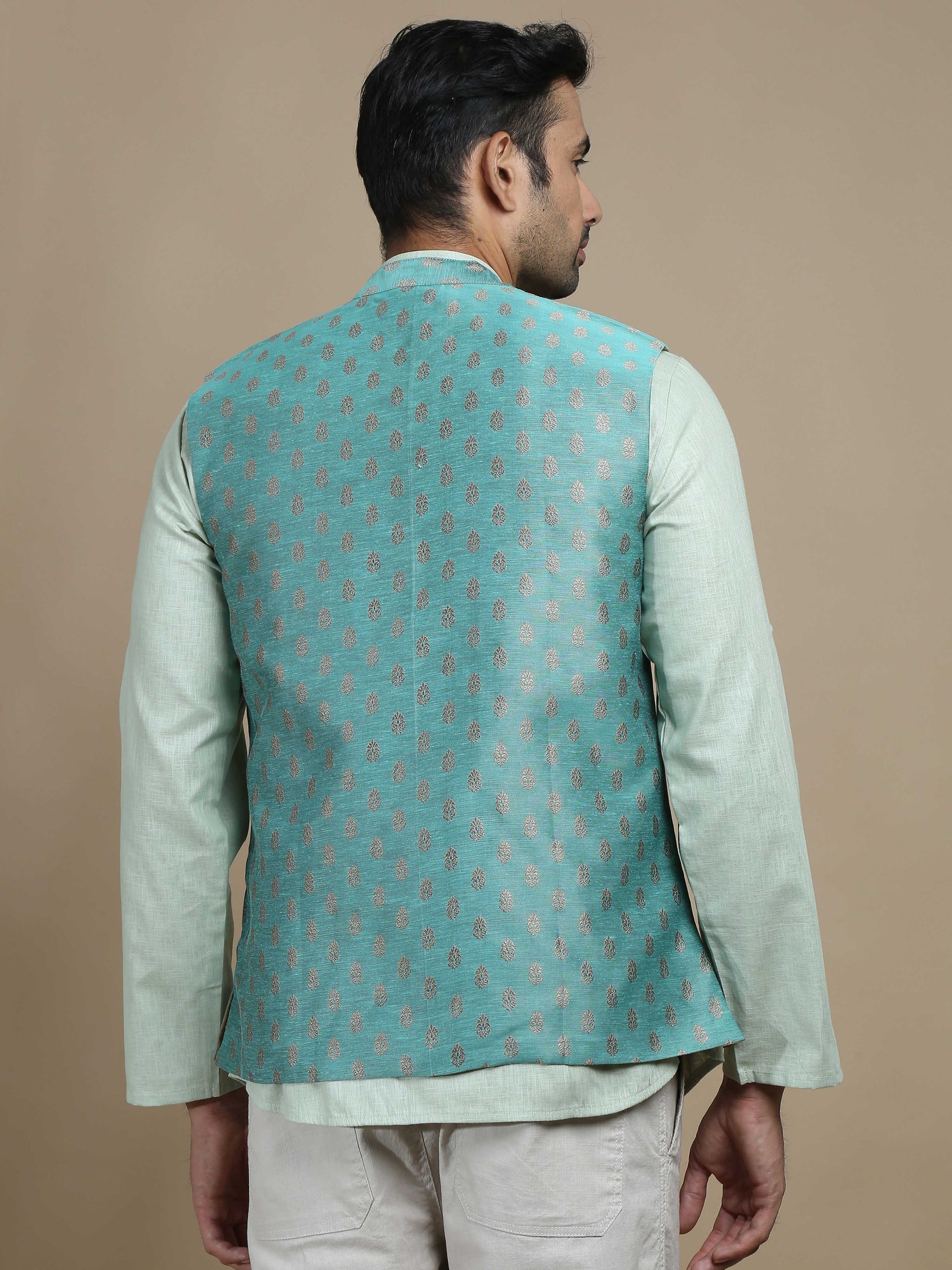 Teal Grey Banarasi Buta Nehru Jacket