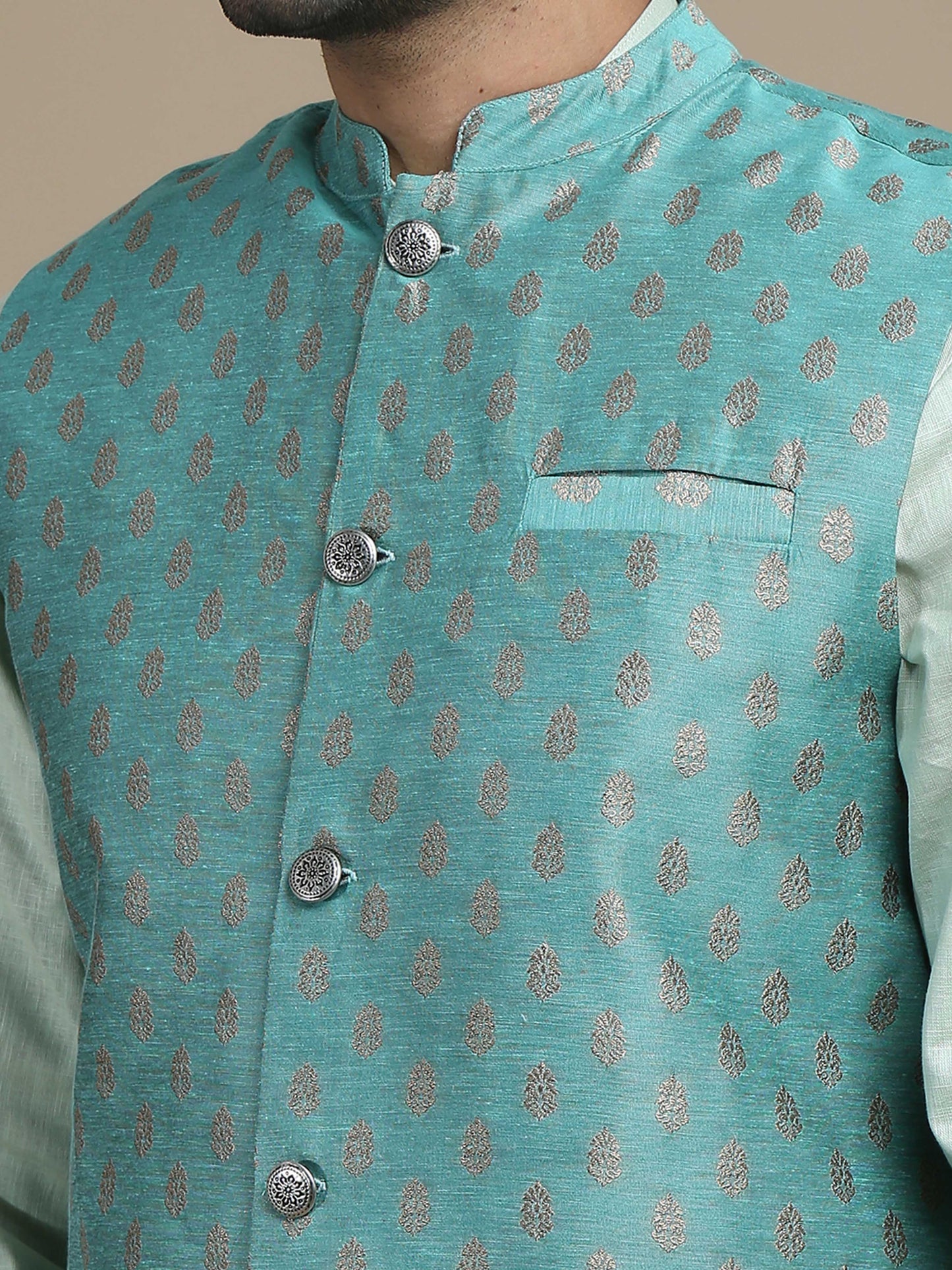 Teal Grey Banarasi Buta Nehru Jacket