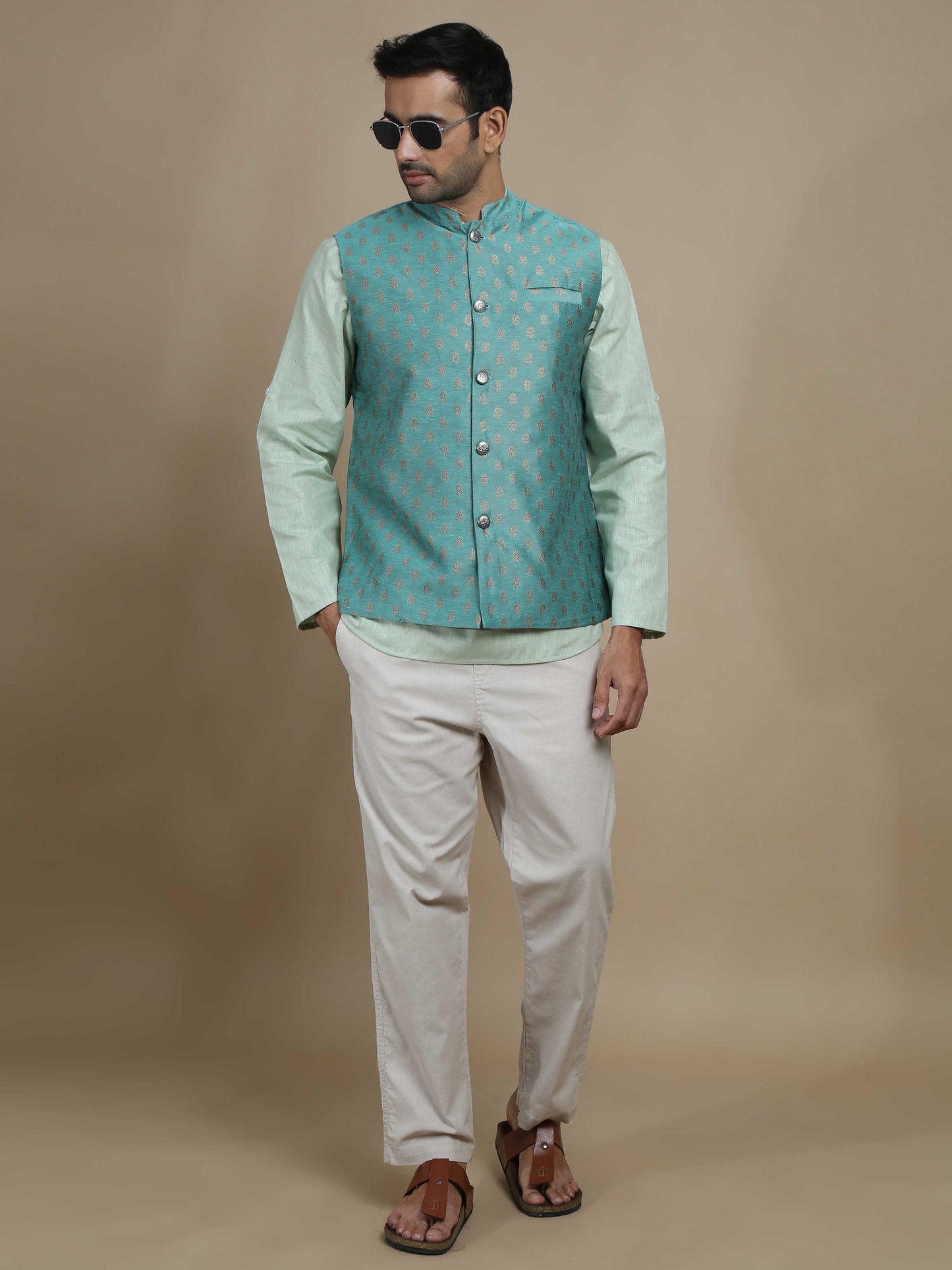 Teal Grey Banarasi Buta Nehru Jacket